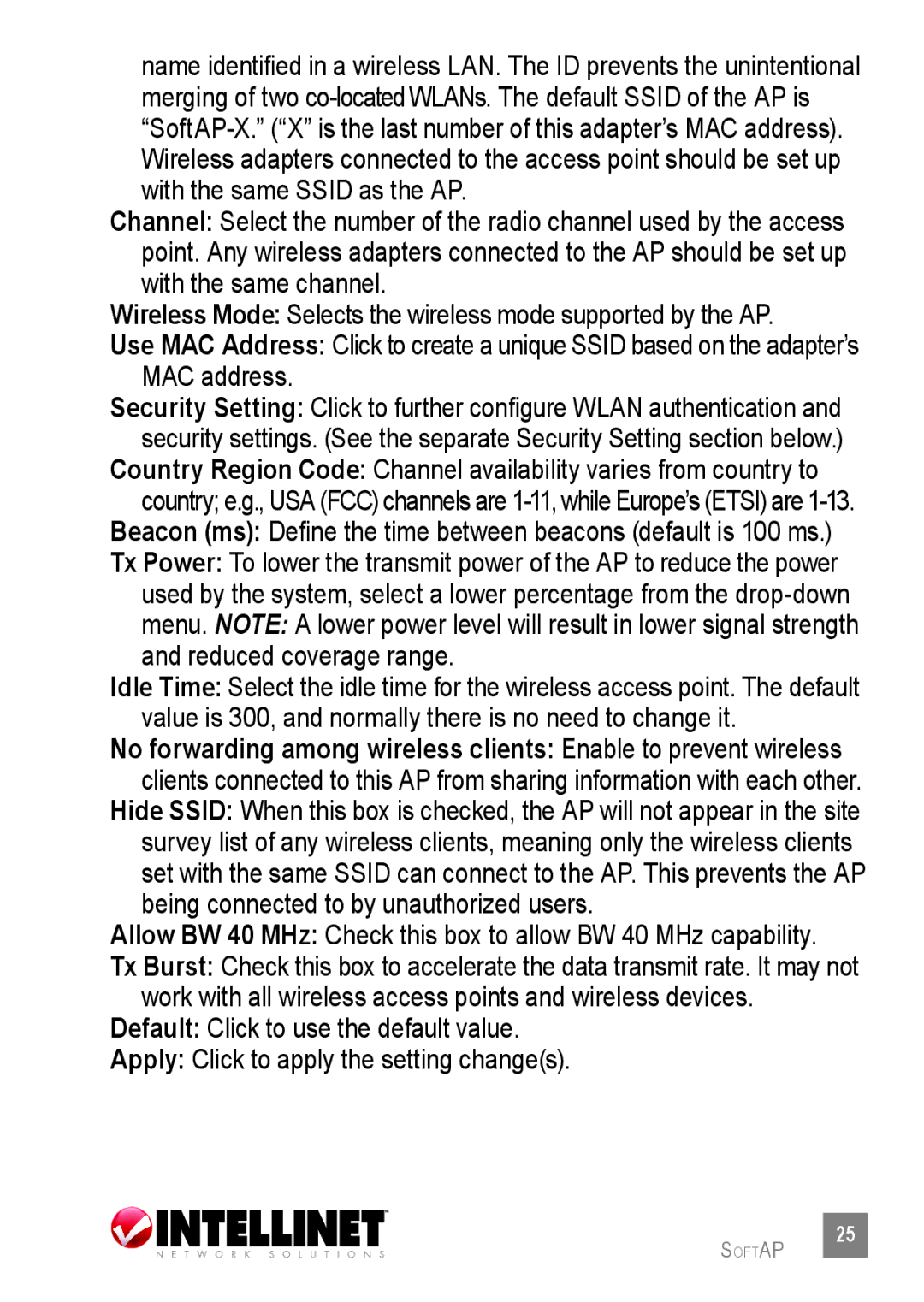 Intellinet Network Solutions 524438 user manual Wireless Mode Selects the wireless mode supported by the AP 