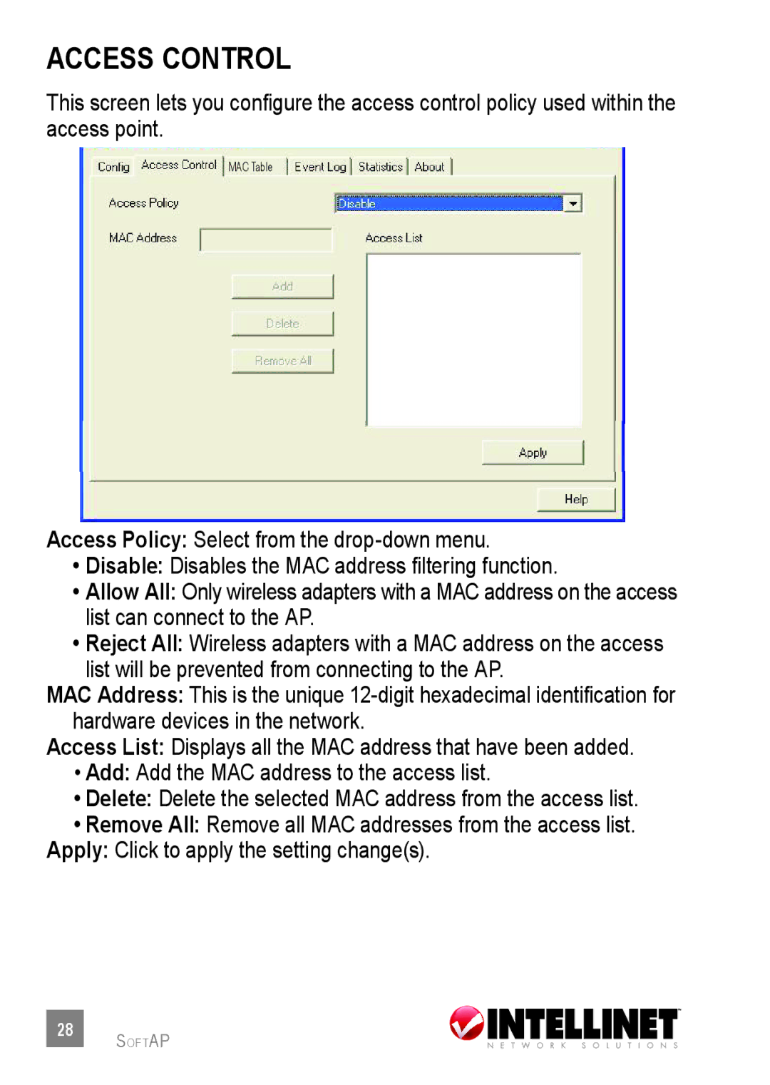 Intellinet Network Solutions 524438 user manual Access control 