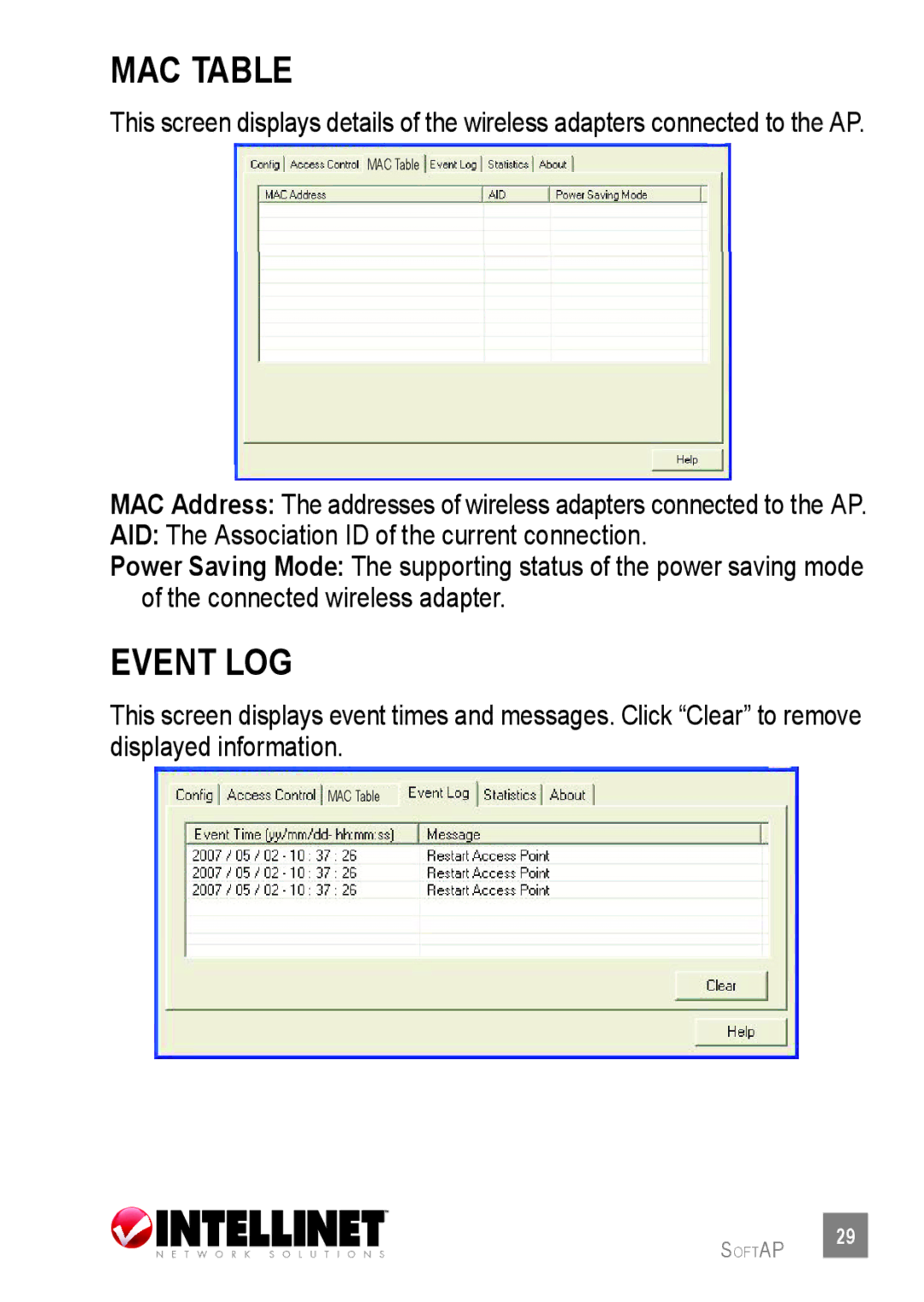 Intellinet Network Solutions 524438 user manual Mac table, Event log 