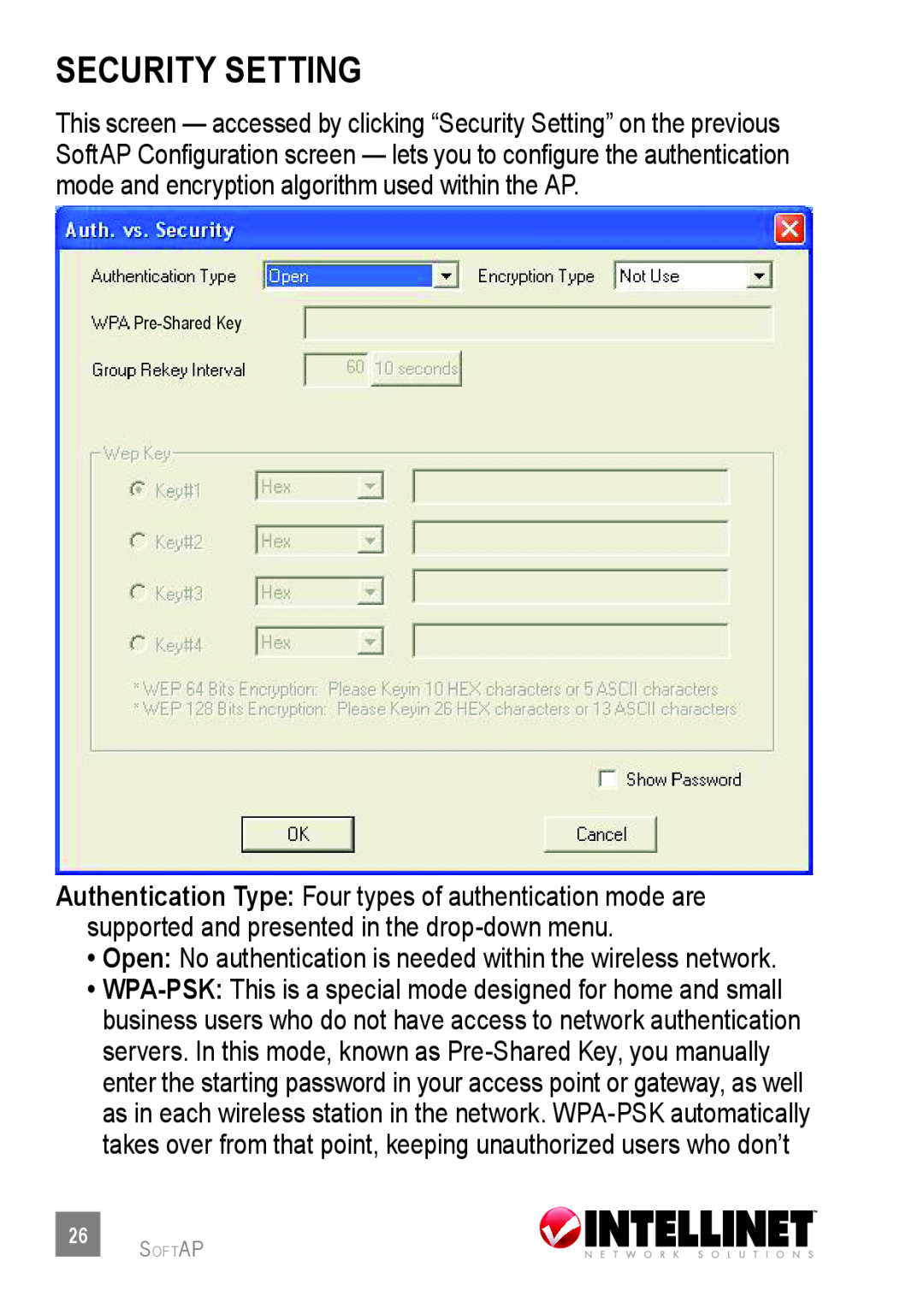 Intellinet Network Solutions 524438 security setting, Open No authentication is needed within the wireless network 