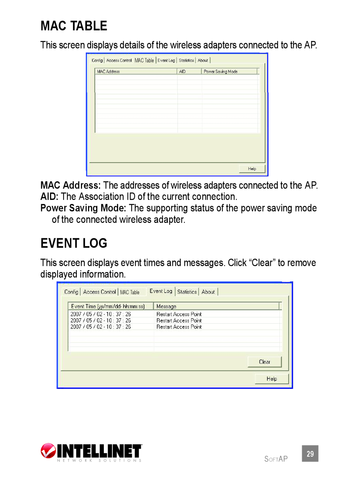 Intellinet Network Solutions 524438 user manual mac table, event log 