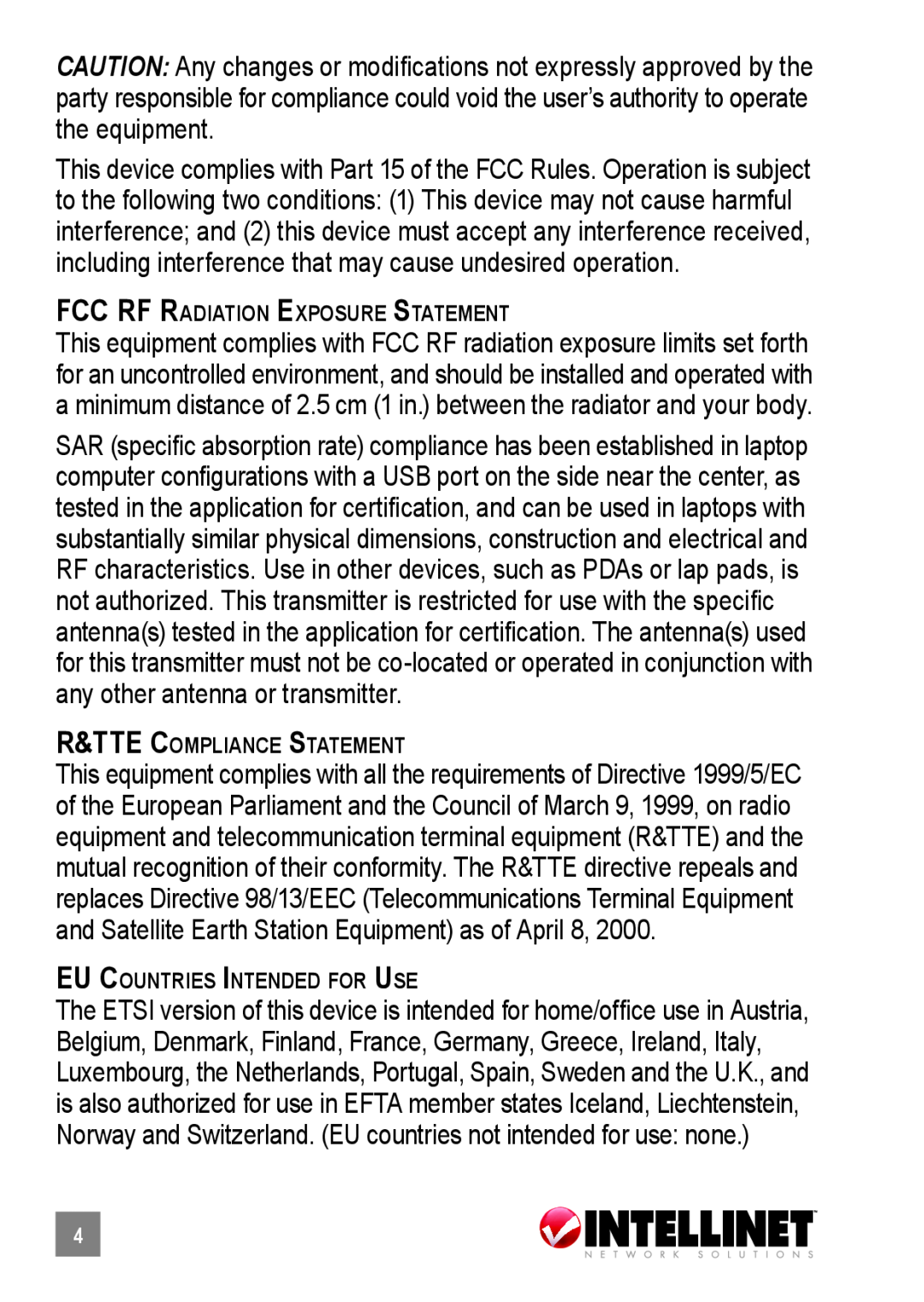 Intellinet Network Solutions 524438 user manual FCC RF Radiation Exposure Statement, R&TTE Compliance Statement 