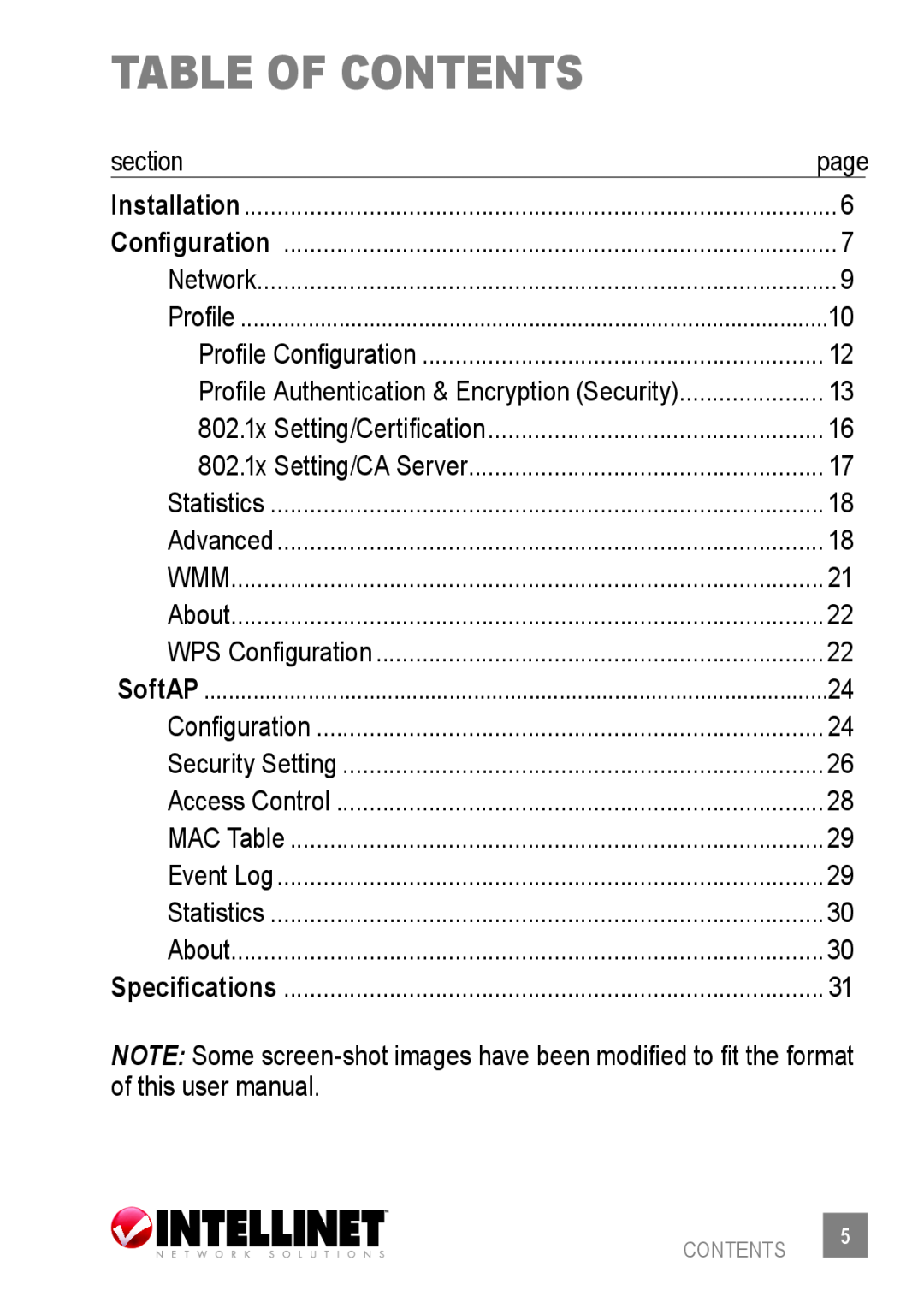 Intellinet Network Solutions 524438 table of contents, section, page, Profile Configuration, 802.1x Setting/Certification 