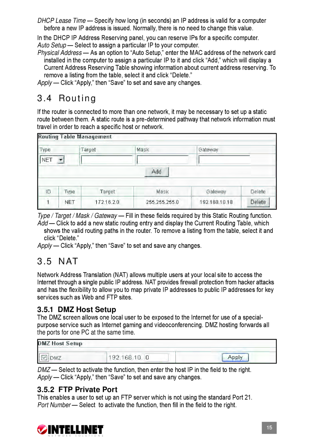 Intellinet Network Solutions 524537 user manual Routing, Nat, DMZ Host Setup, FTP Private Port 