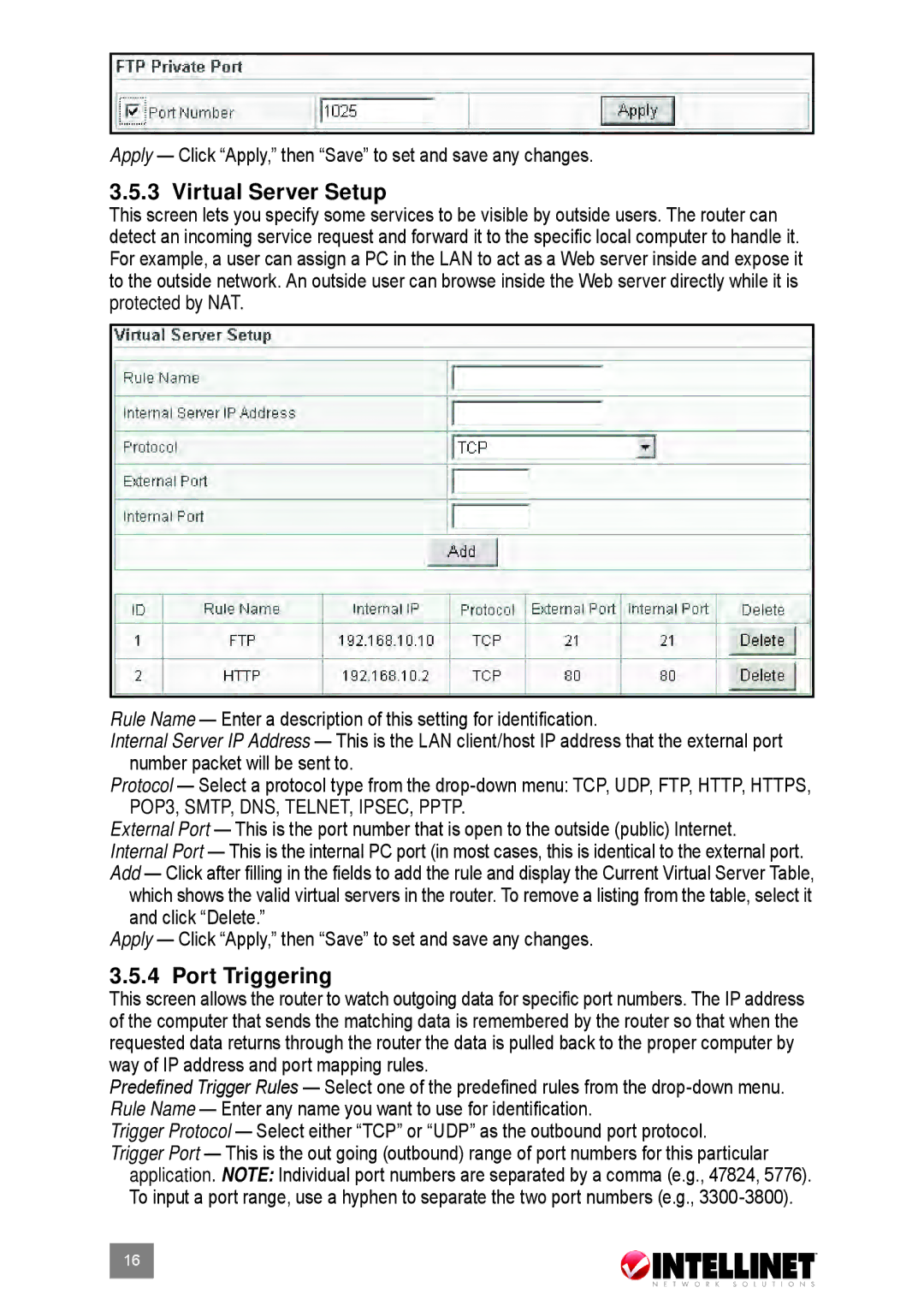 Intellinet Network Solutions 524537 user manual Virtual Server Setup, Port Triggering 