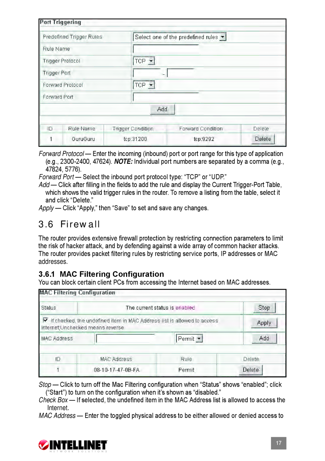 Intellinet Network Solutions 524537 user manual Firewall, MAC Filtering Configuration 