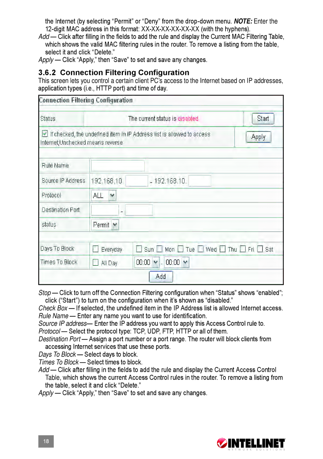 Intellinet Network Solutions 524537 user manual Connection Filtering Configuration 