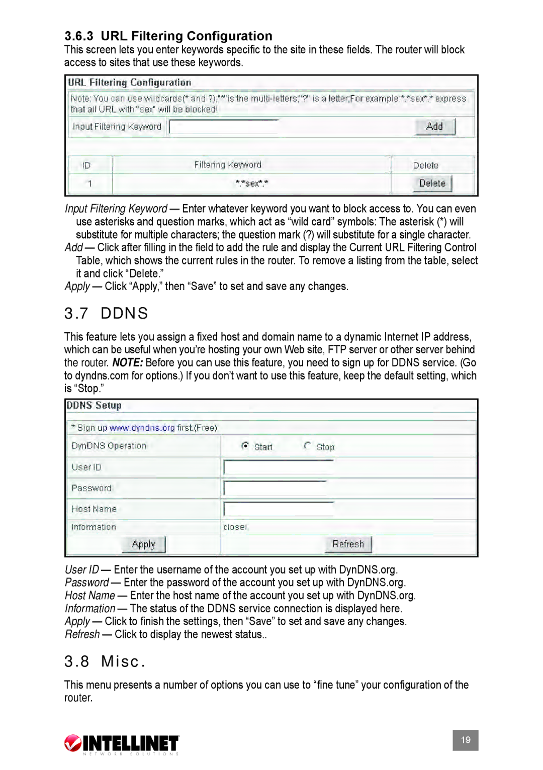 Intellinet Network Solutions 524537 user manual Ddns, Misc, URL Filtering Configuration 