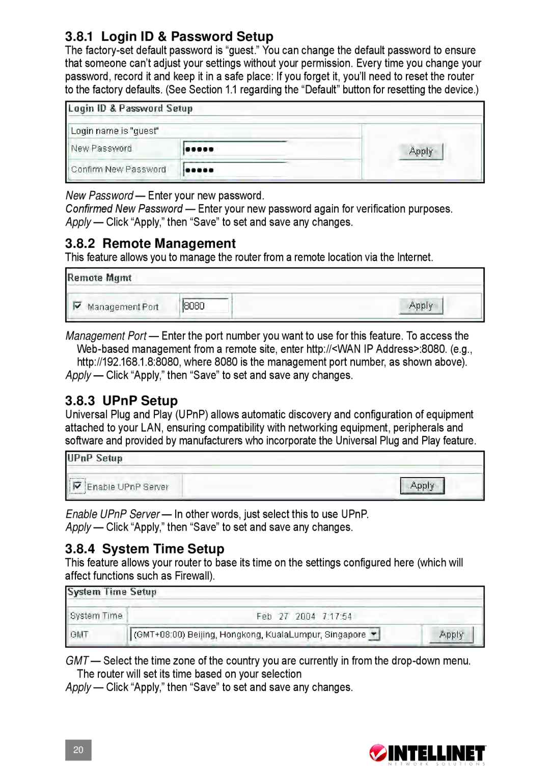 Intellinet Network Solutions 524537 user manual Login ID & Password Setup, Remote Management, UPnP Setup, System Time Setup 