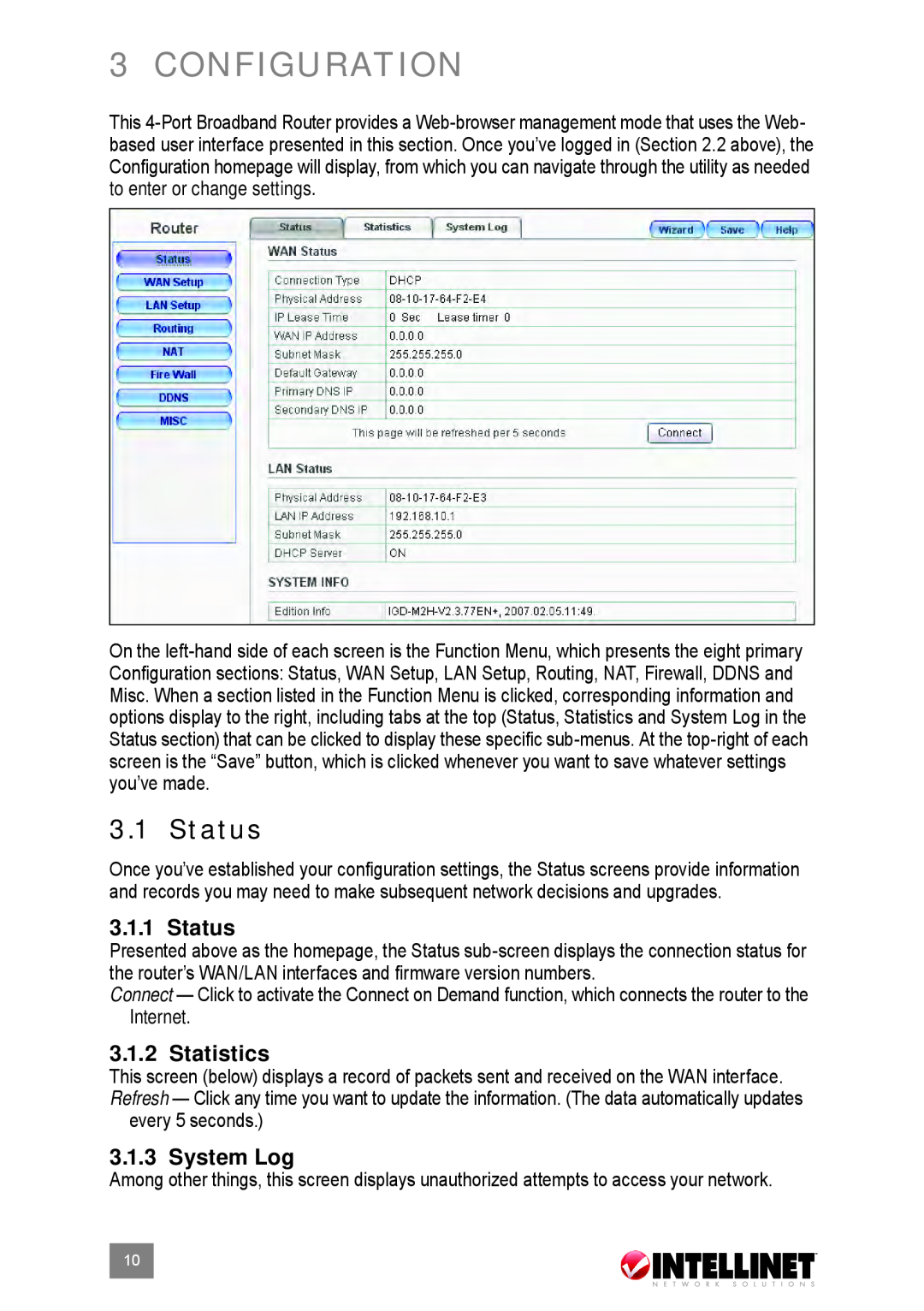 Intellinet Network Solutions 524537 user manual configuration, Status, Statistics, System Log 