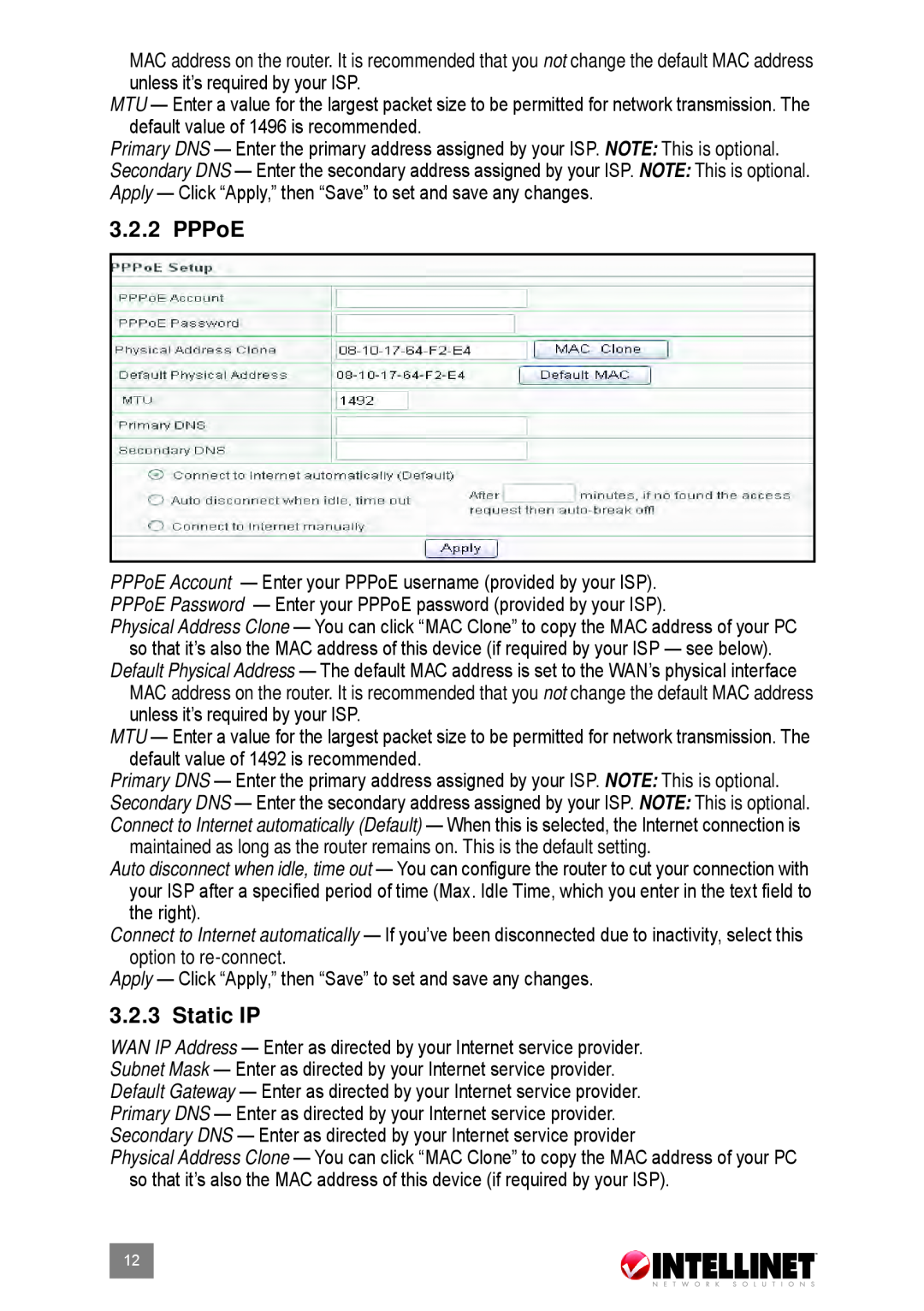 Intellinet Network Solutions 524537 user manual PPPoE, Static IP 