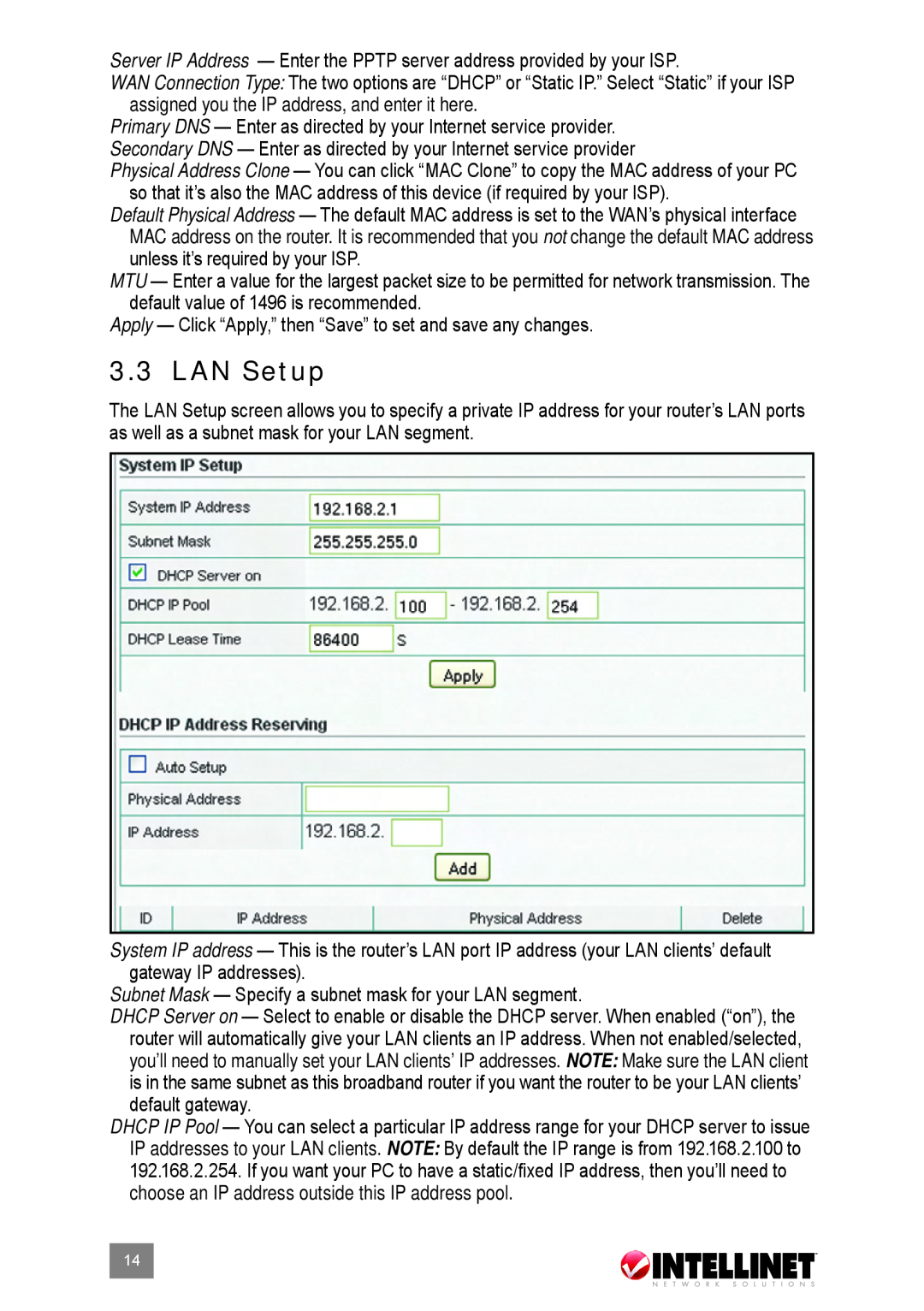 Intellinet Network Solutions 524537 user manual LAN Setup 