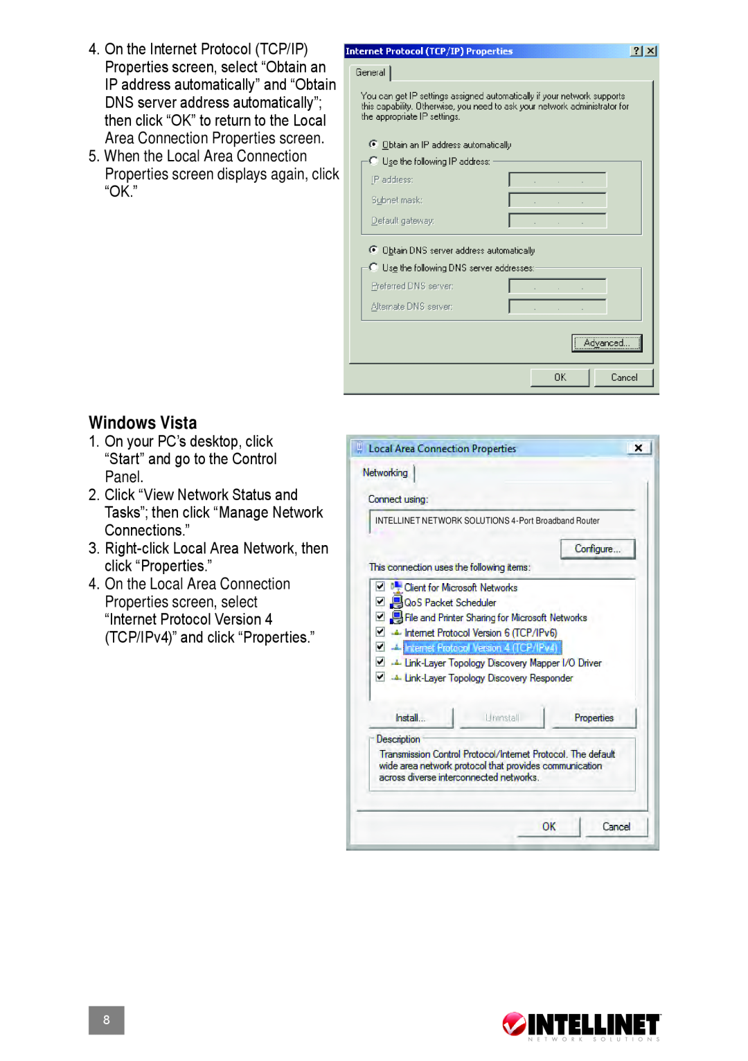 Intellinet Network Solutions 524537 user manual Windows Vista, Area Connection Properties screen, “Ok.”, Panel 