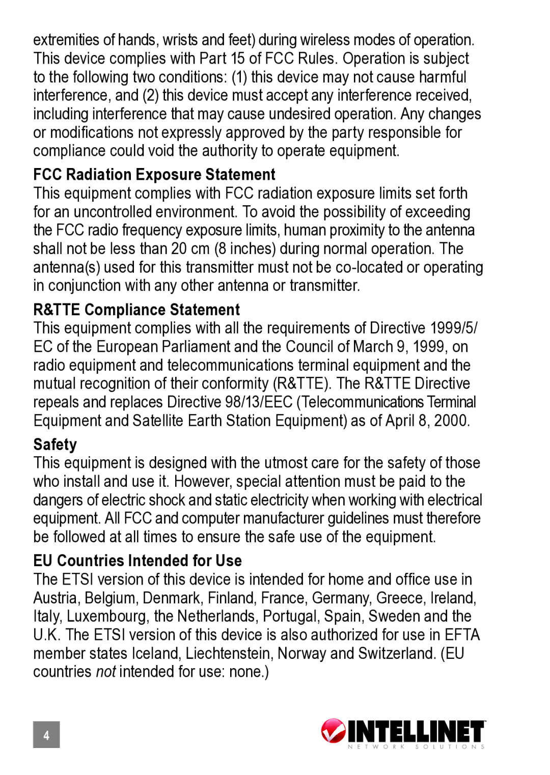 Intellinet Network Solutions 524582 manual FCC Radiation Exposure Statement, TTE Compliance Statement, Safety 