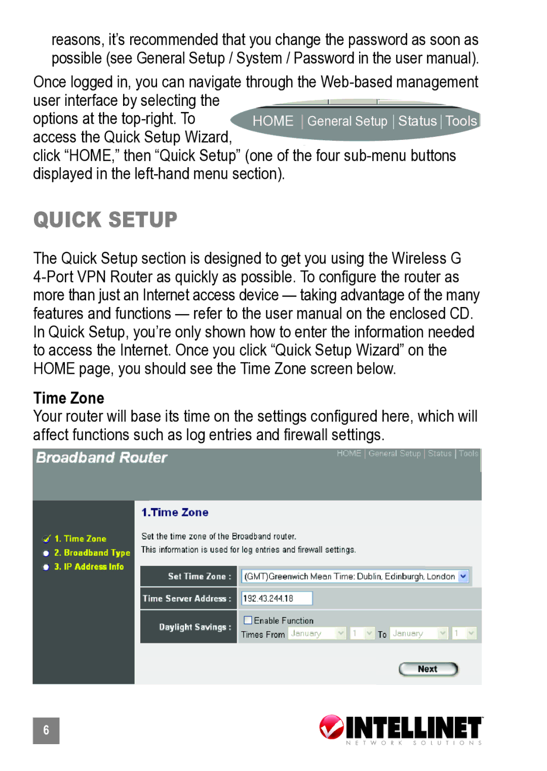 Intellinet Network Solutions 524582 manual Quick setup, Time Zone 