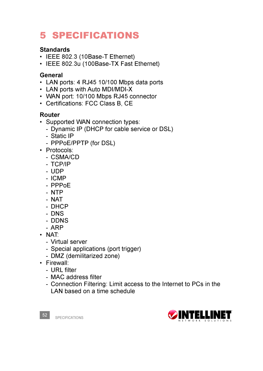 Intellinet Network Solutions 524957 user manual Specifications, Standards, General, Router 