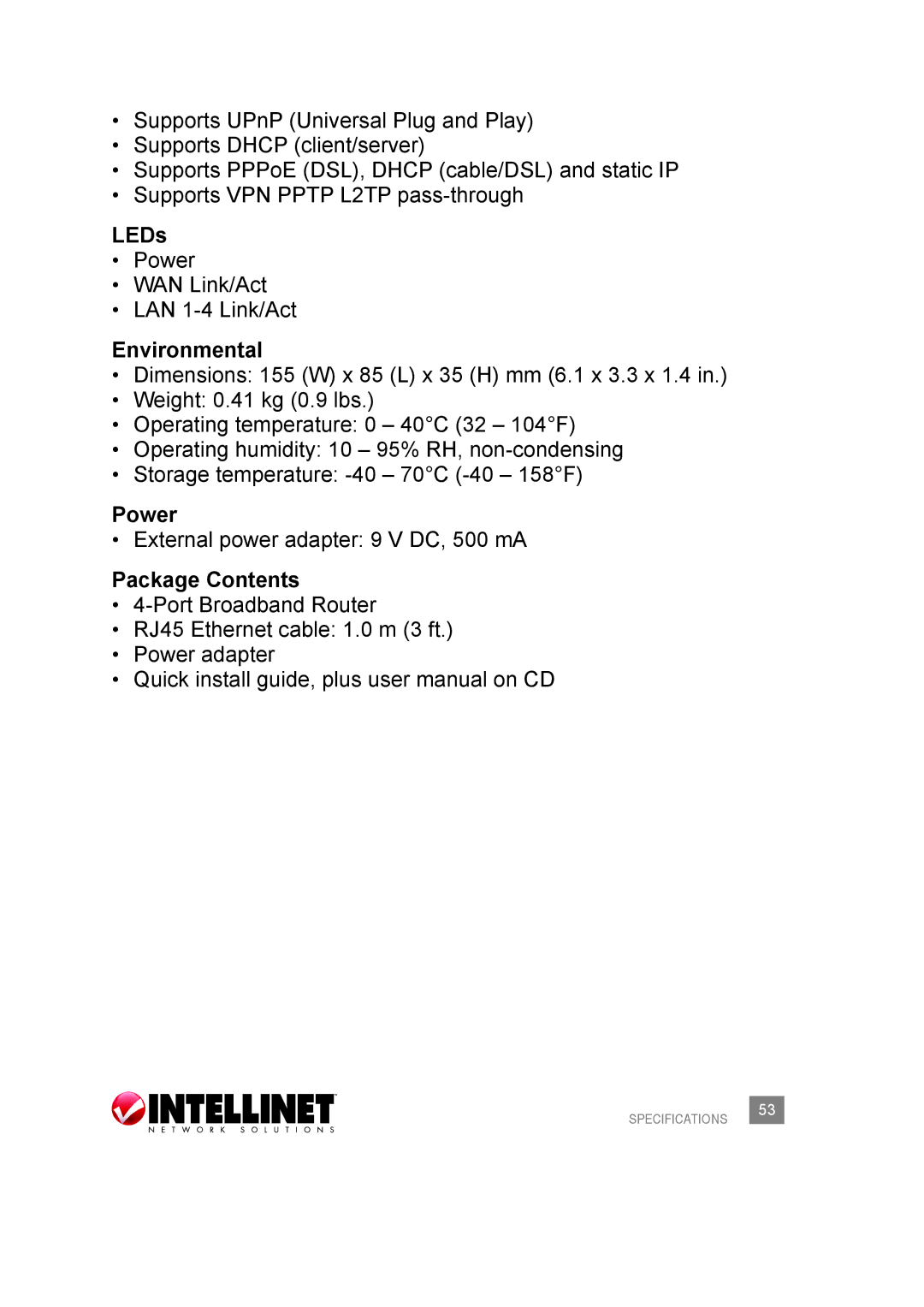 Intellinet Network Solutions 524957 user manual LEDs, Environmental, Power 