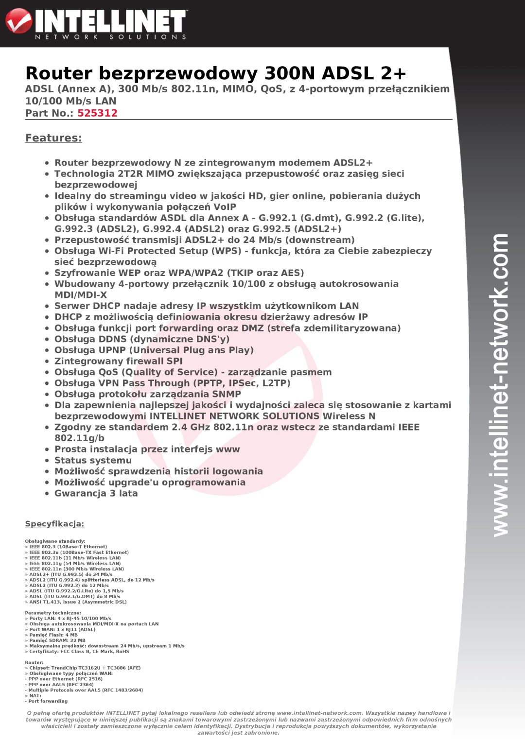 Intellinet Network Solutions 525312 manual Router bezprzewodowy 300N Adsl 2+, Features, Specyfikacja 