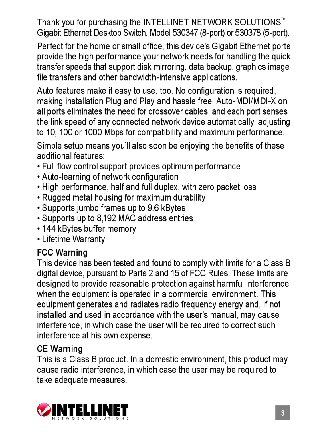 Intellinet Network Solutions 530378, 530347 user manual FCC Warning, CE Warning 