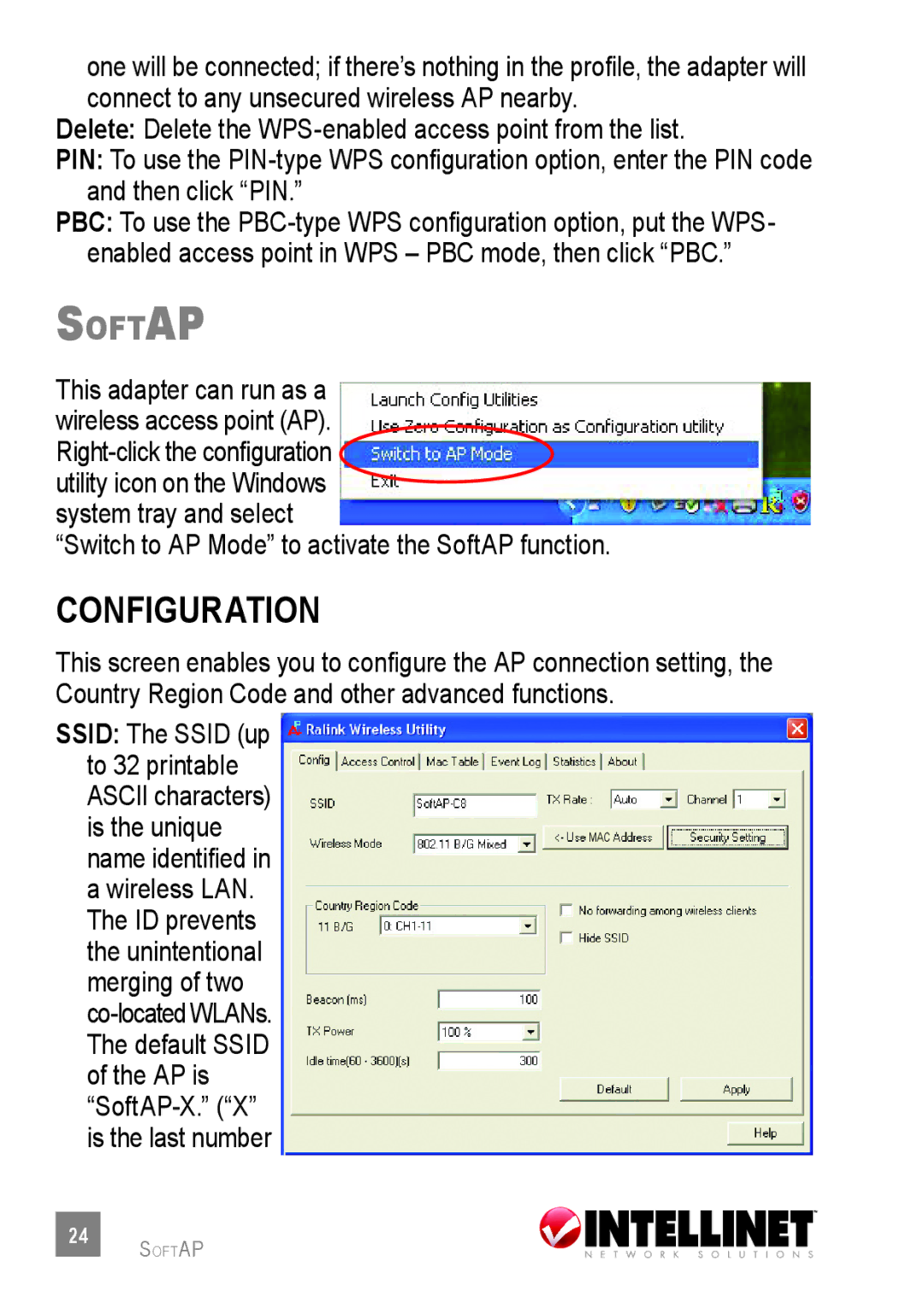 Intellinet Network Solutions 530361 Configuration, Switch to AP Mode to activate the SoftAP function, Ssid The Ssid up 