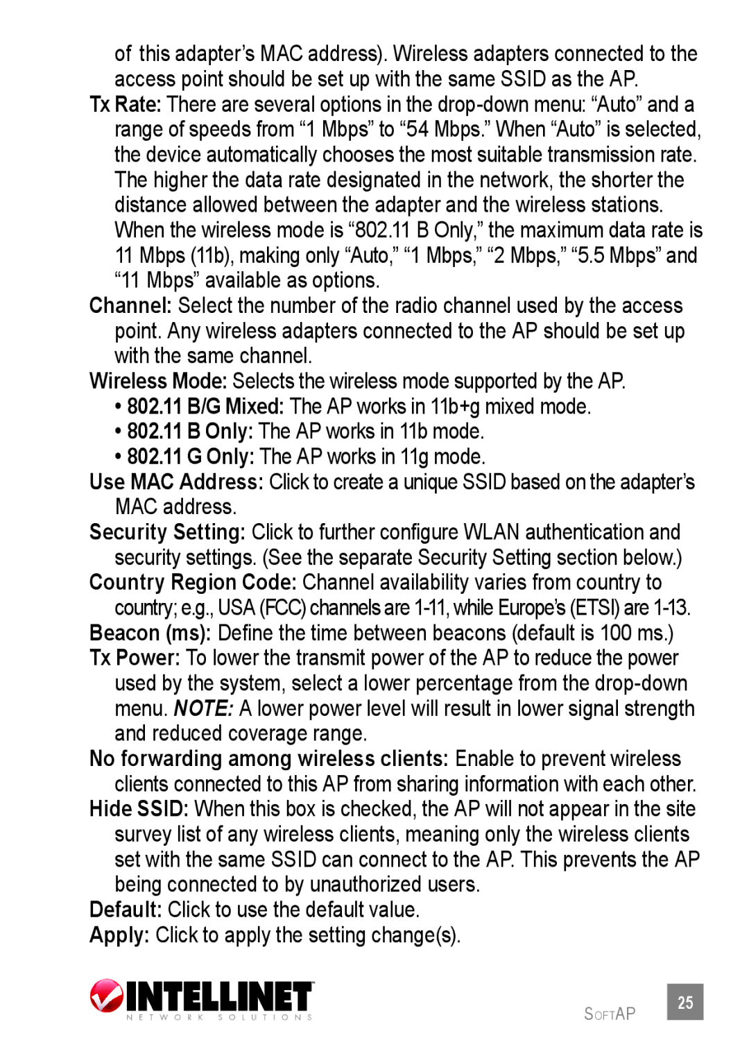 Intellinet Network Solutions 530361 user manual Wireless Mode Selects the wireless mode supported by the AP 