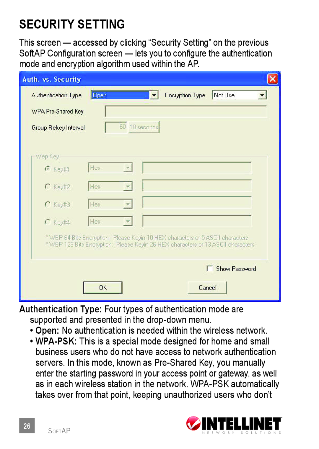 Intellinet Network Solutions 530361 Security setting, Open No authentication is needed within the wireless network 