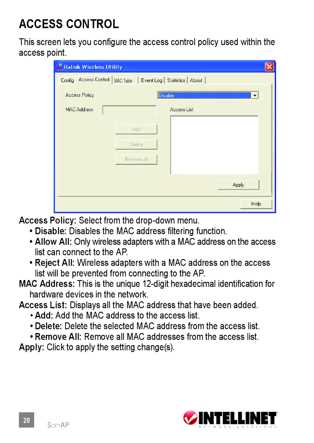 Intellinet Network Solutions 530361 user manual Access control 