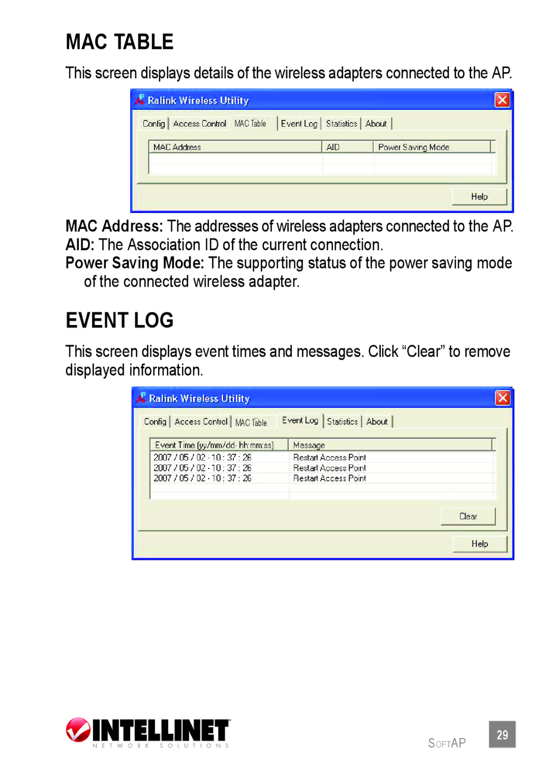 Intellinet Network Solutions 530361 user manual Mac table, Event log 