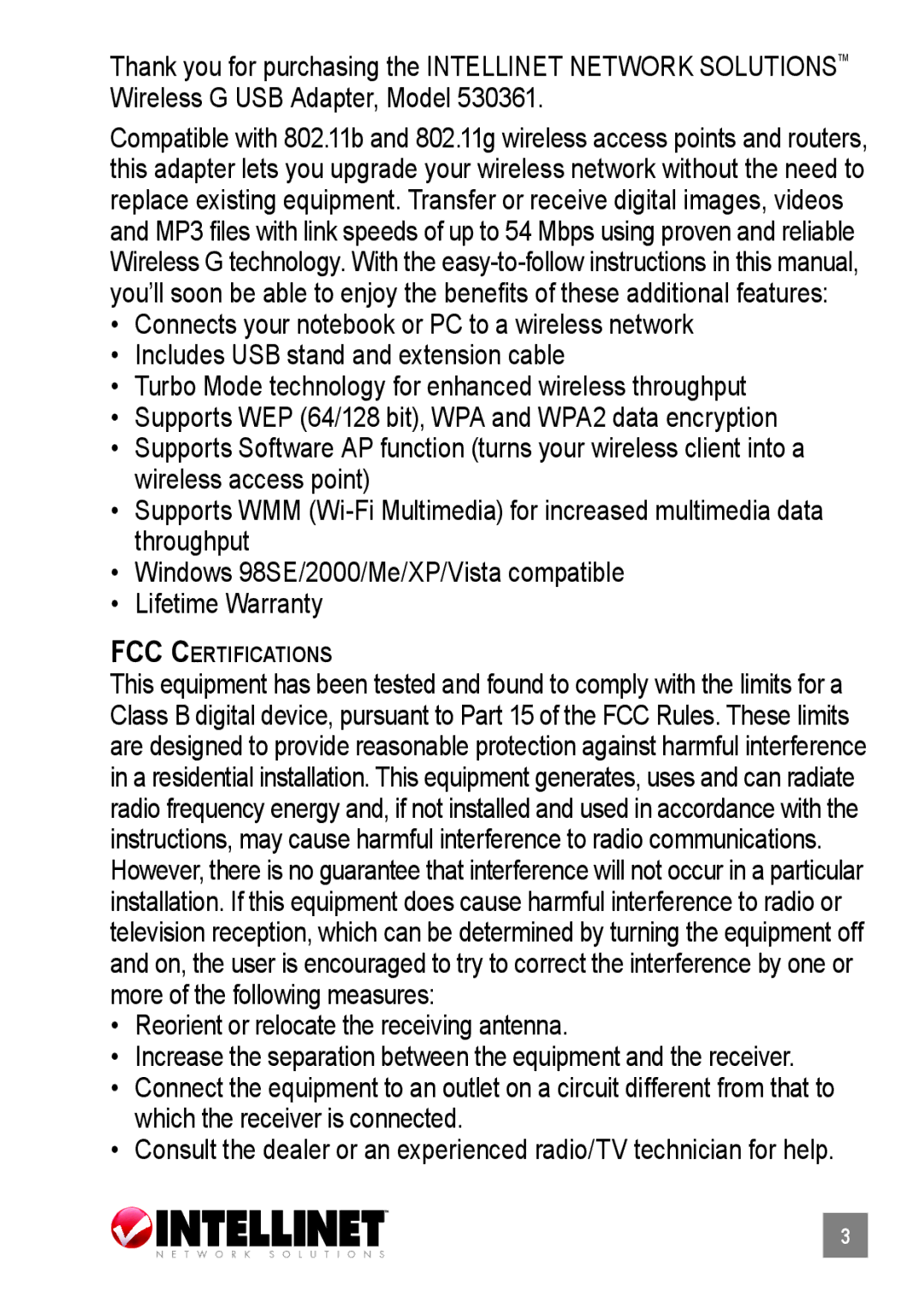 Intellinet Network Solutions 530361 user manual Reorient or relocate the receiving antenna, FCC Certifications 