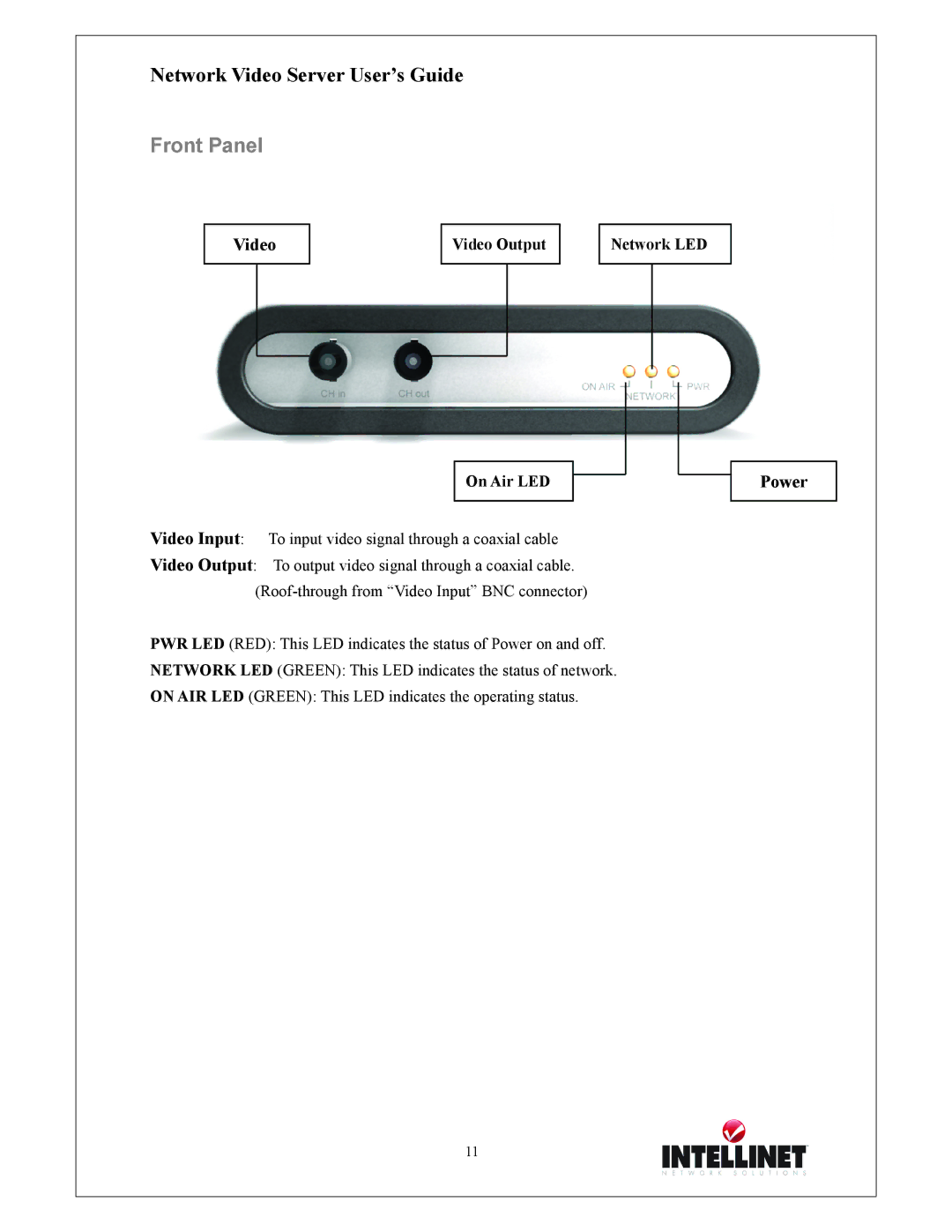 Intellinet Network Solutions 550000 manual Front Panel, Power, Video Output On Air LED Network LED 