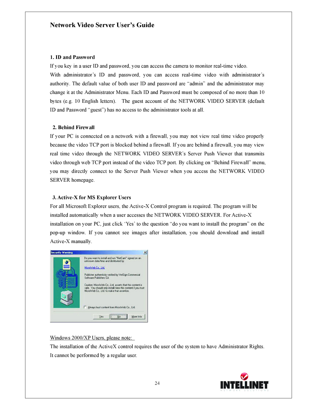 Intellinet Network Solutions 550000 manual ID and Password, Behind Firewall, Active-X for MS Explorer Users 