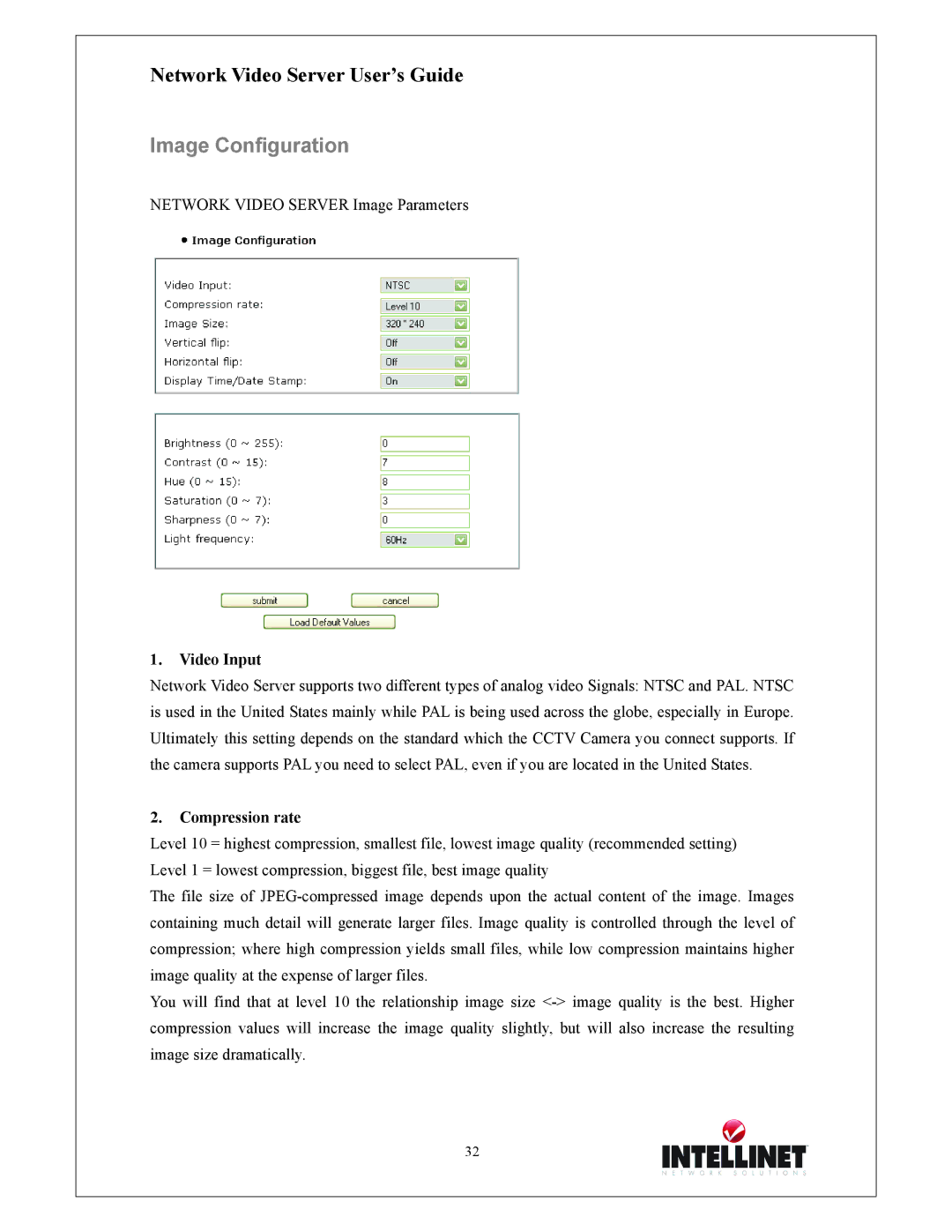 Intellinet Network Solutions 550000 manual Image Configuration, Video Input, Compression rate 