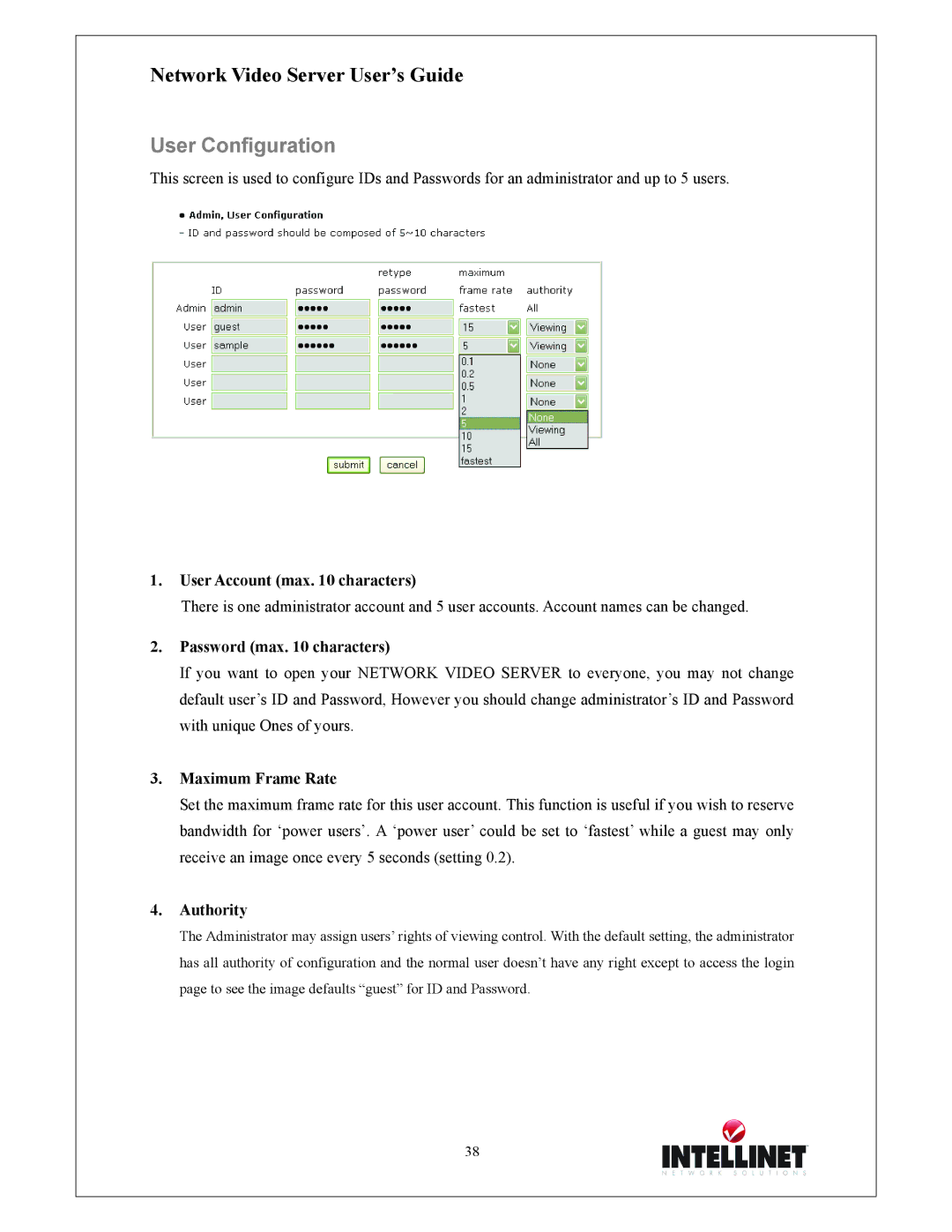 Intellinet Network Solutions 550000 User Configuration, User Account max characters, Password max characters, Authority 