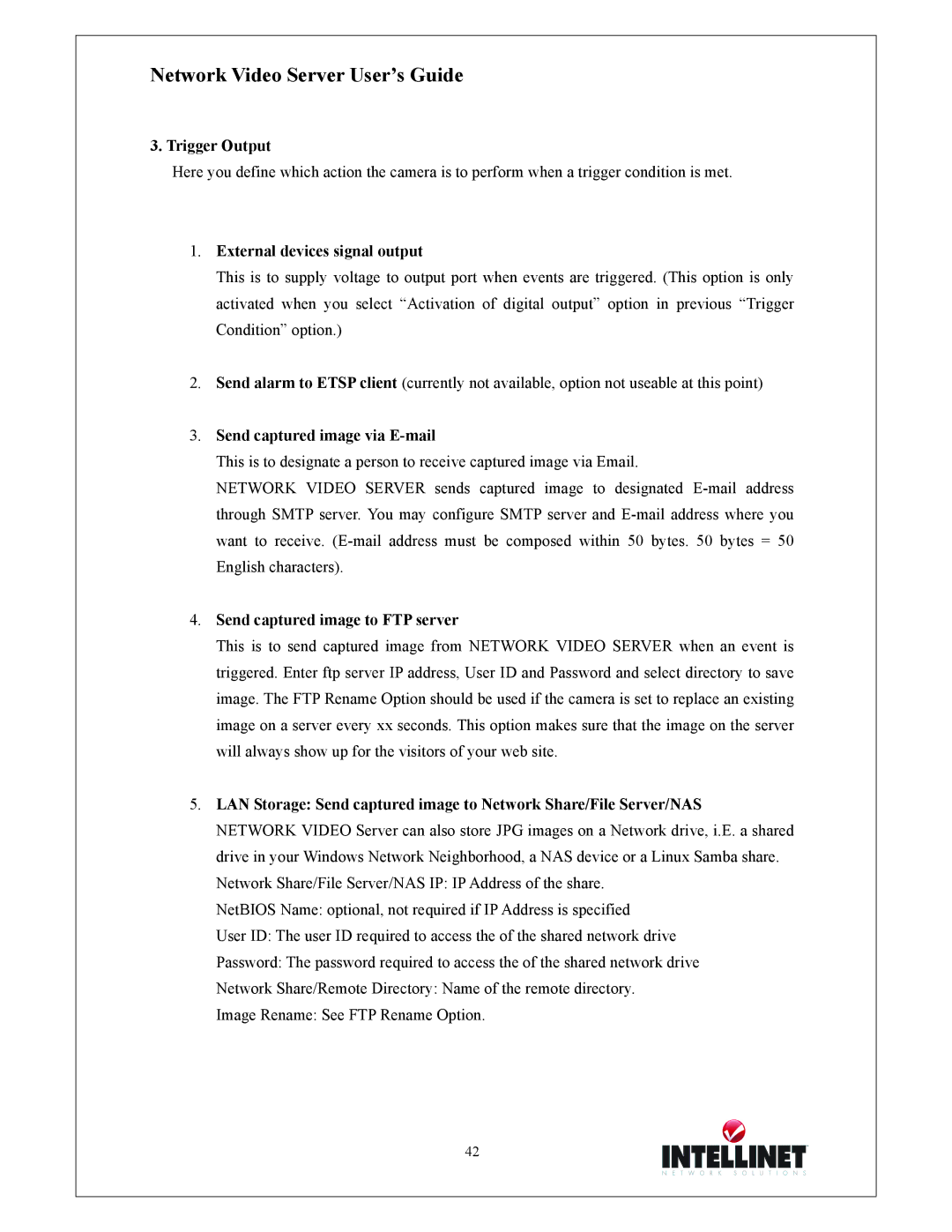 Intellinet Network Solutions 550000 manual Trigger Output, External devices signal output, Send captured image via E-mail 