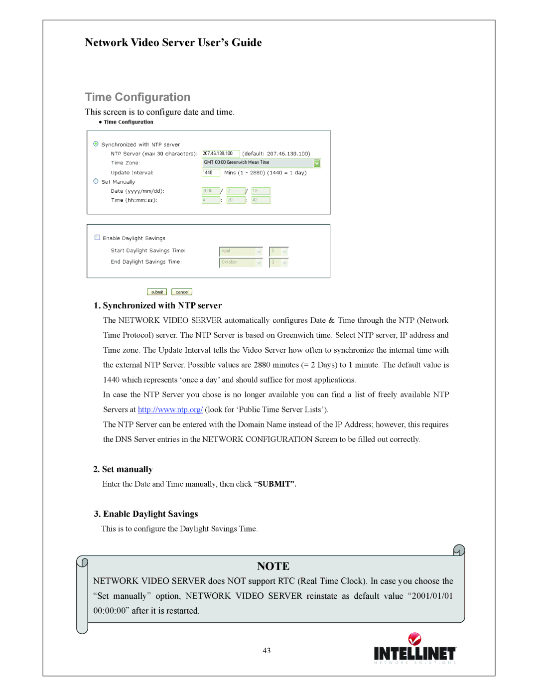 Intellinet Network Solutions 550000 Time Configuration, Synchronized with NTP server, Set manually 