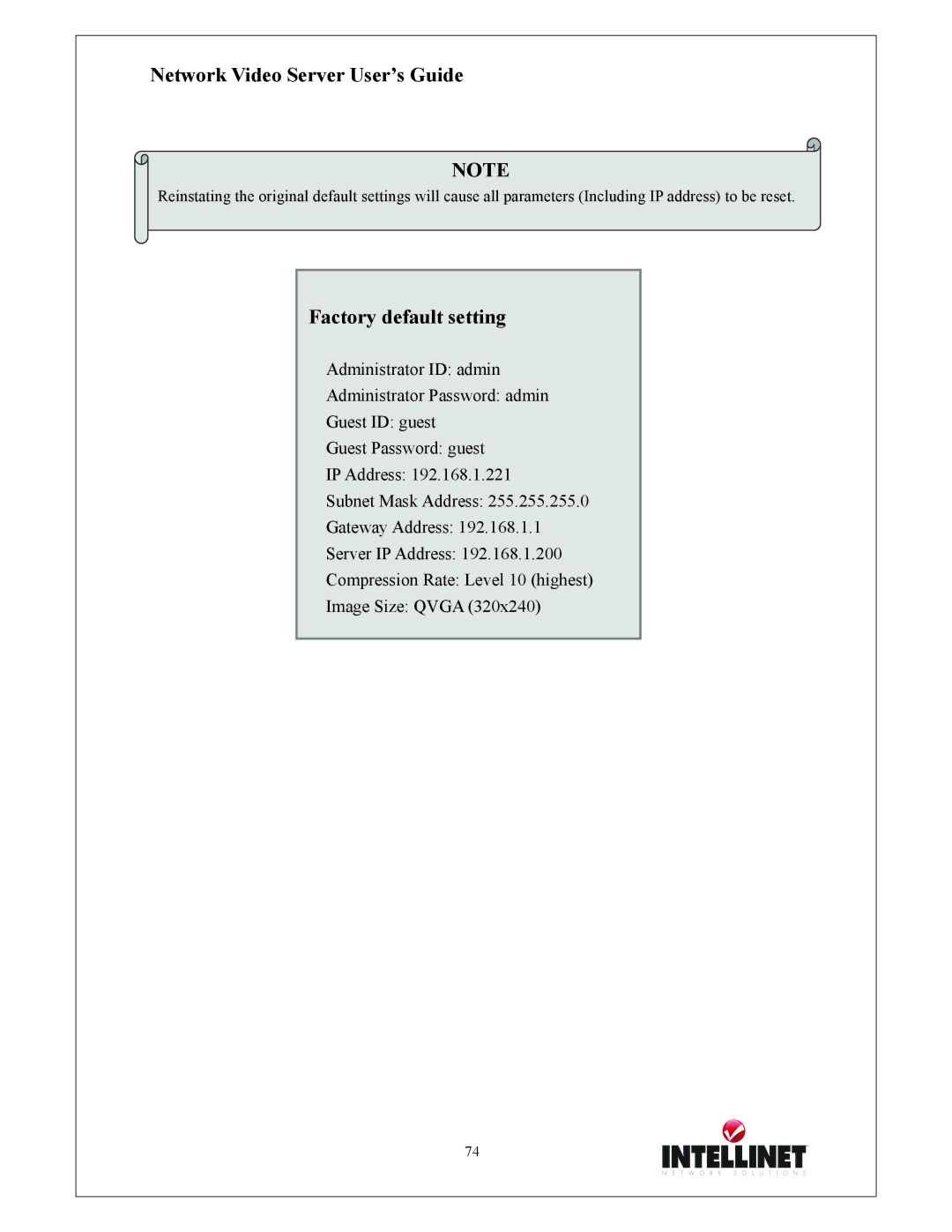 Intellinet Network Solutions 550000 manual Factory default setting 