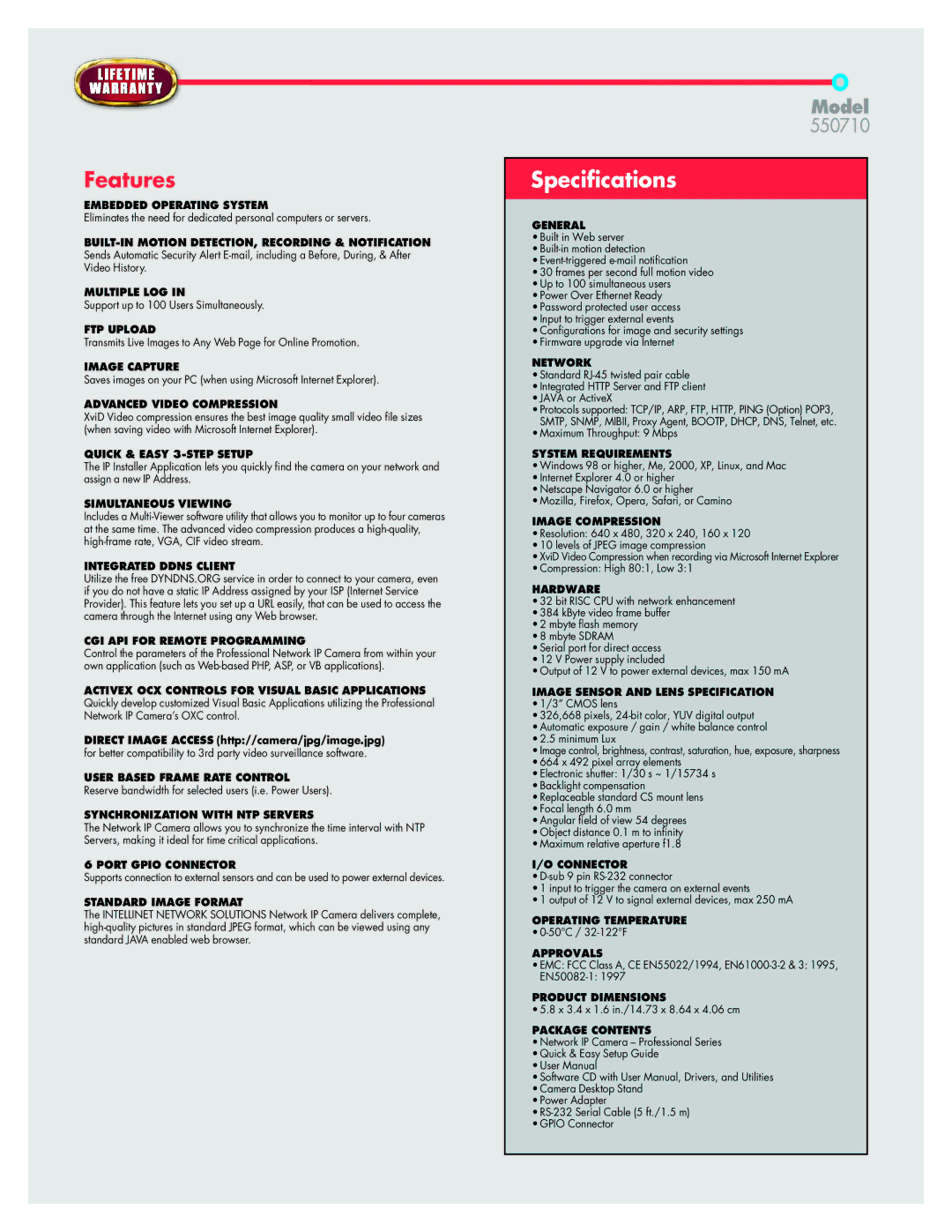 Intellinet Network Solutions 550710 Embedded Operating System, Multiple LOG, FTP Upload, Image Capture, General, Network 