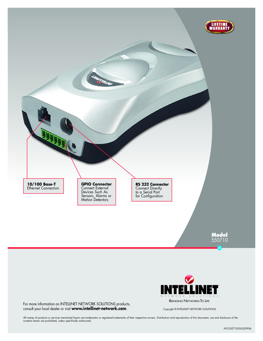 Intellinet Network Solutions 550710 specifications 10/100 Base-T Gpio Connector RS 232 Connector 