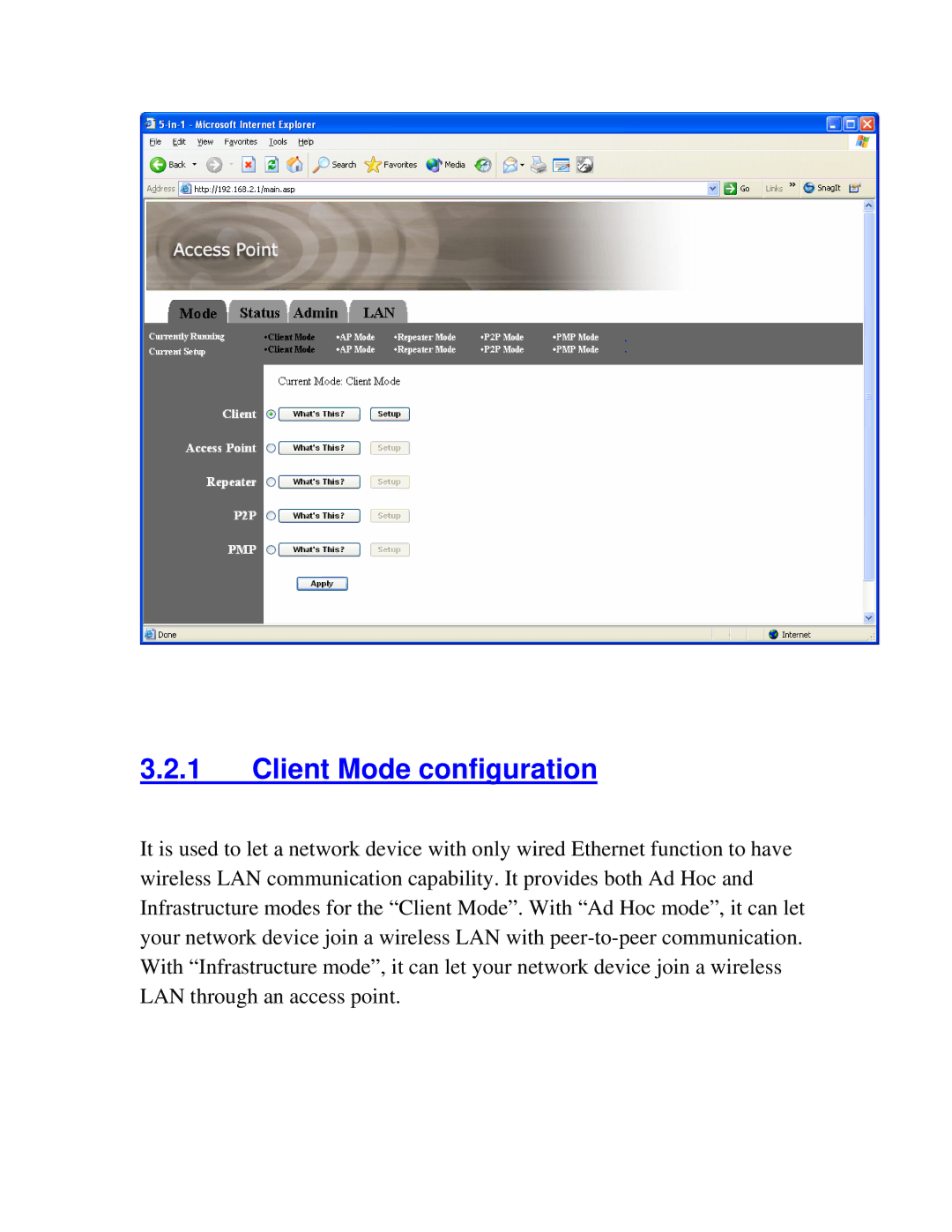 Intellinet Network Solutions 802.11G manual Client Mode configuration 