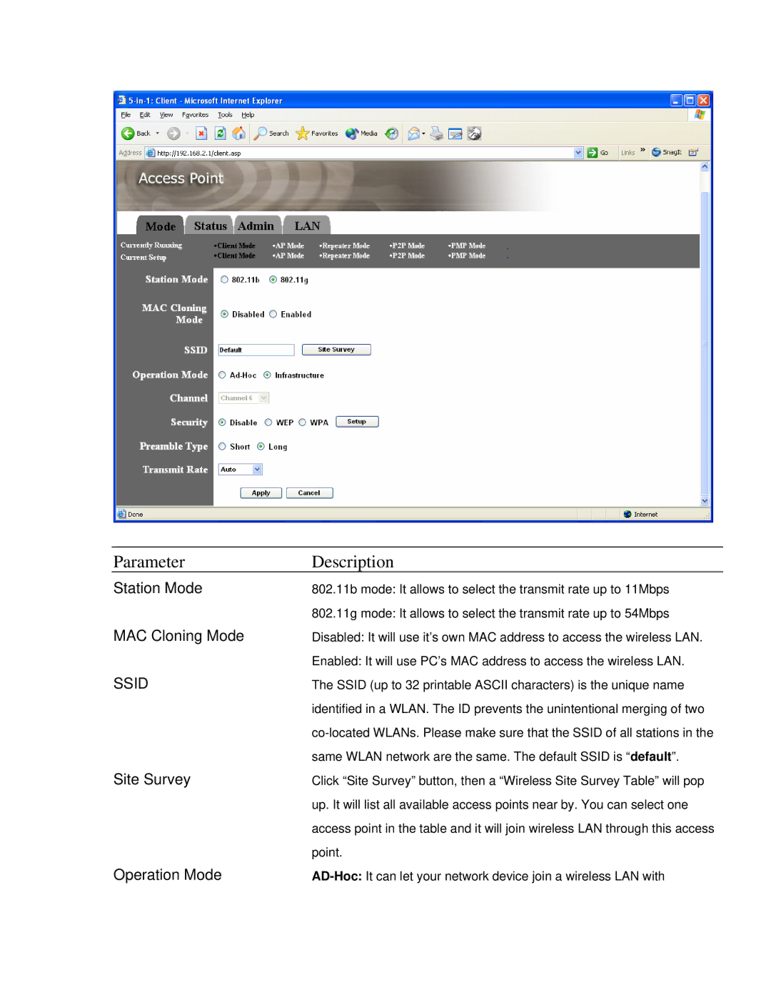 Intellinet Network Solutions 802.11G manual Station Mode, MAC Cloning Mode, Site Survey, Operation Mode 