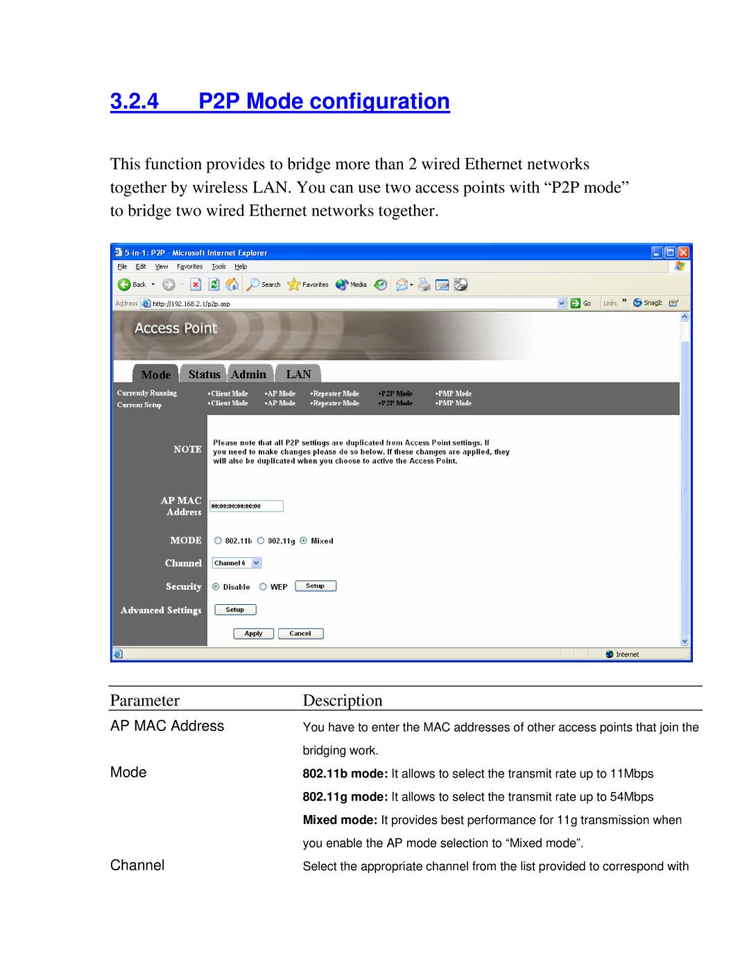 Intellinet Network Solutions 802.11G manual 4 P2P Mode configuration, AP MAC Address, Channel 