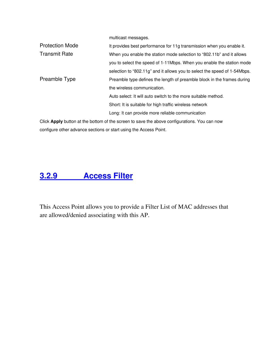 Intellinet Network Solutions 802.11G manual Access Filter 