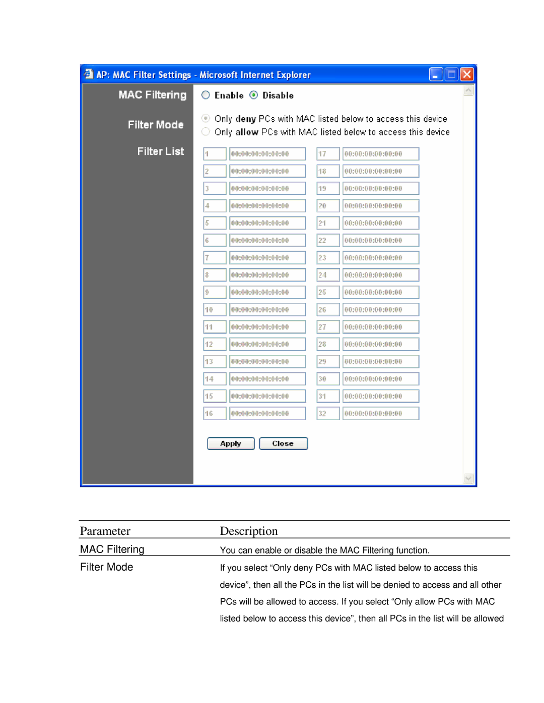 Intellinet Network Solutions 802.11G manual MAC Filtering, Filter Mode 