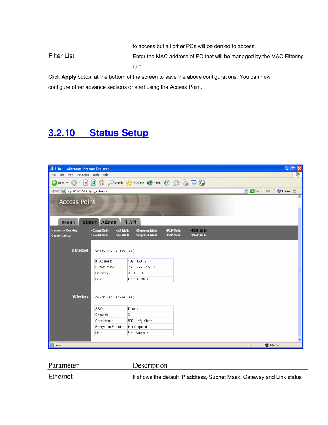 Intellinet Network Solutions 802.11G manual Status Setup, Ethernet 