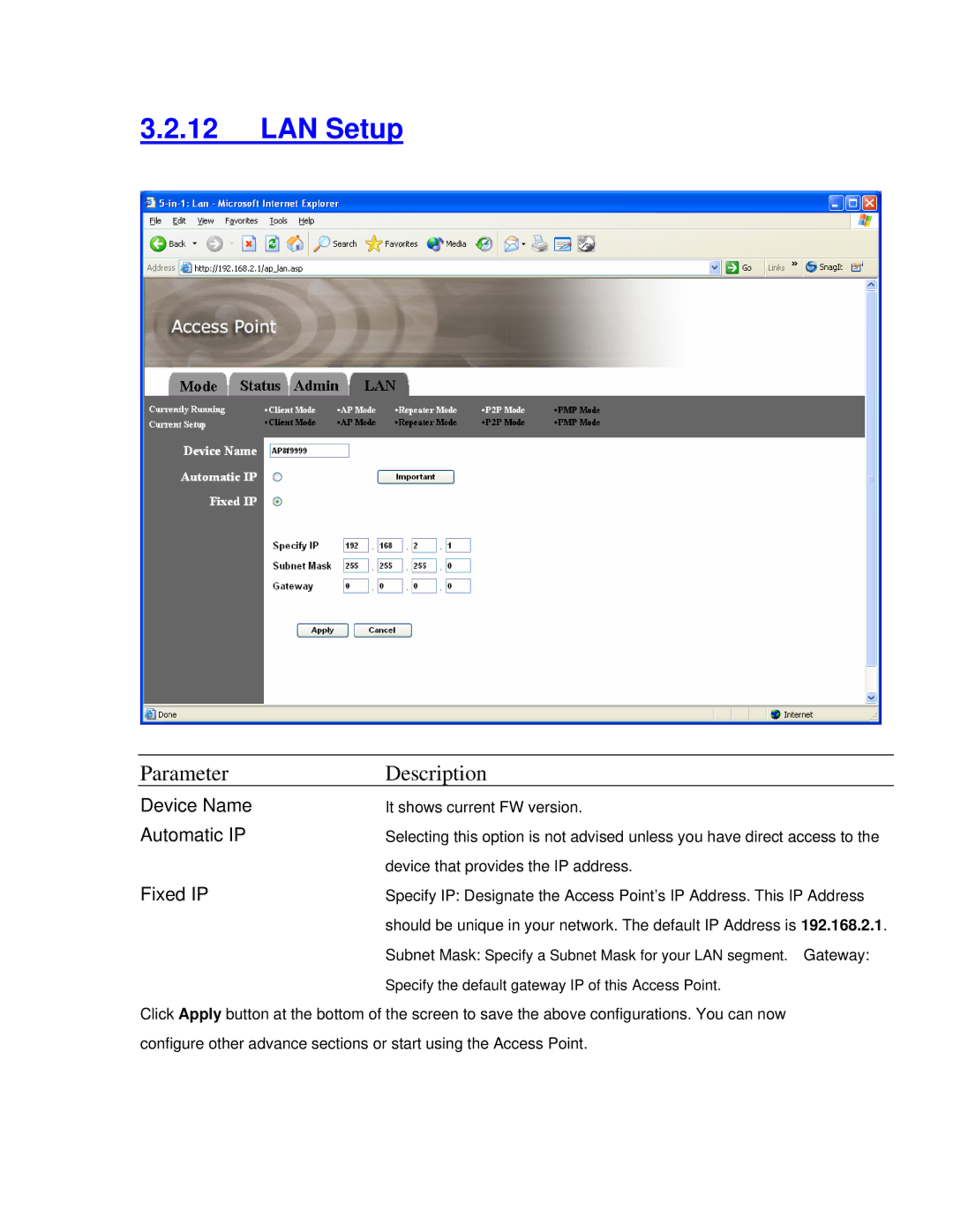 Intellinet Network Solutions 802.11G manual LAN Setup, Device Name, Automatic IP, Fixed IP 