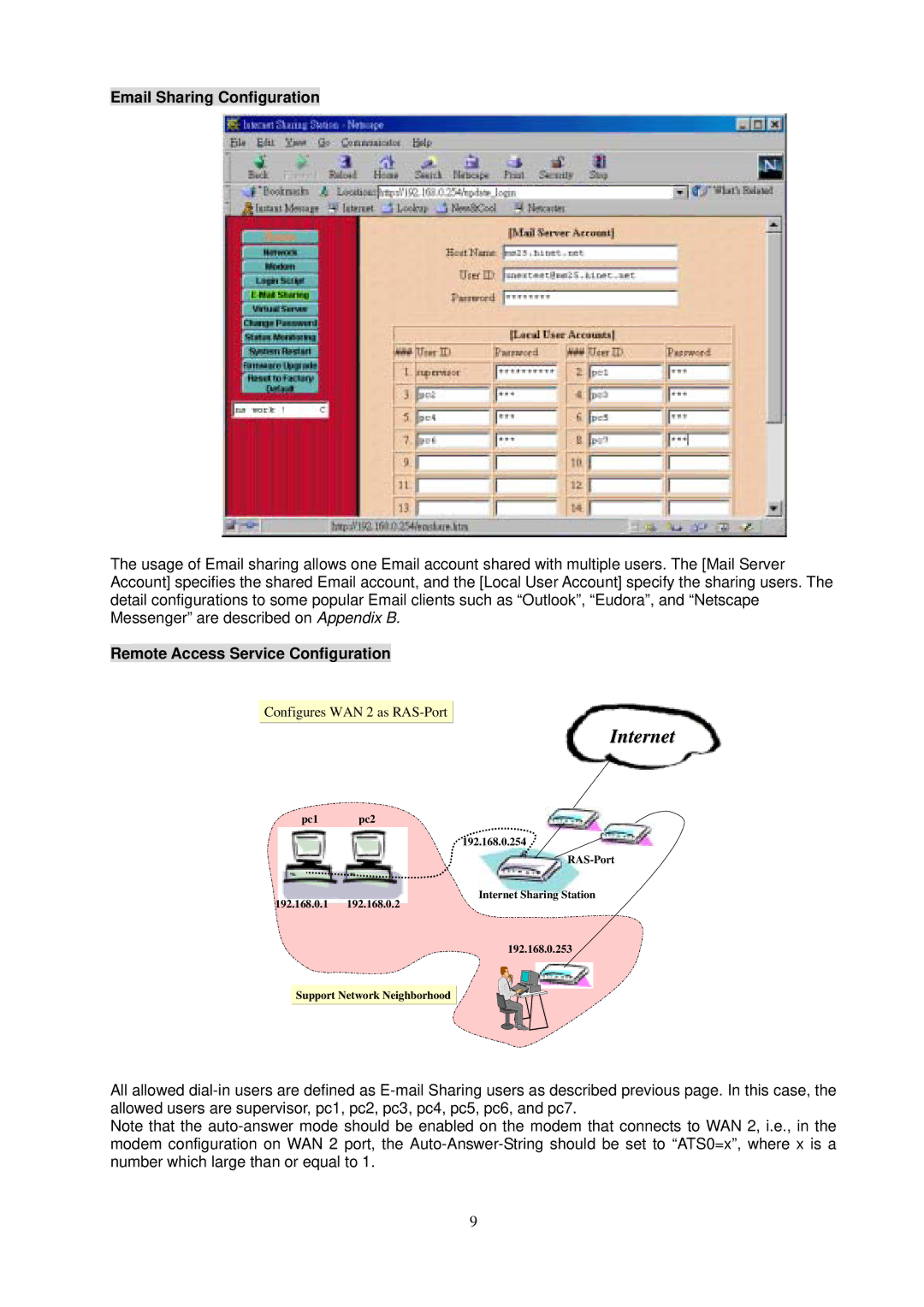 Intellinet Network Solutions I-ISS-020, 529930 user manual Email Sharing Configuration, Remote Access Service Configuration 