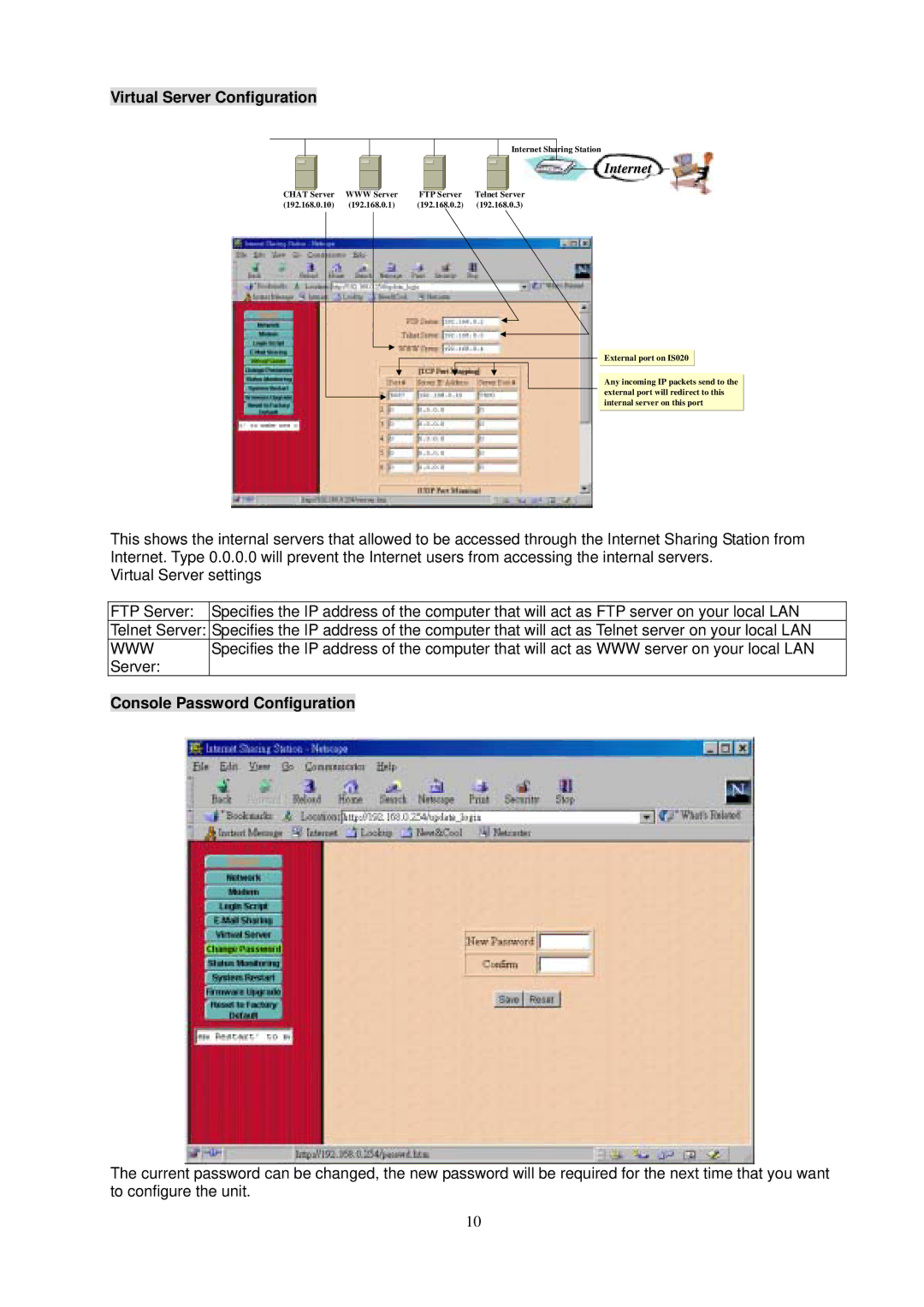 Intellinet Network Solutions 529930, I-ISS-020 user manual Virtual Server Configuration, Console Password Configuration 