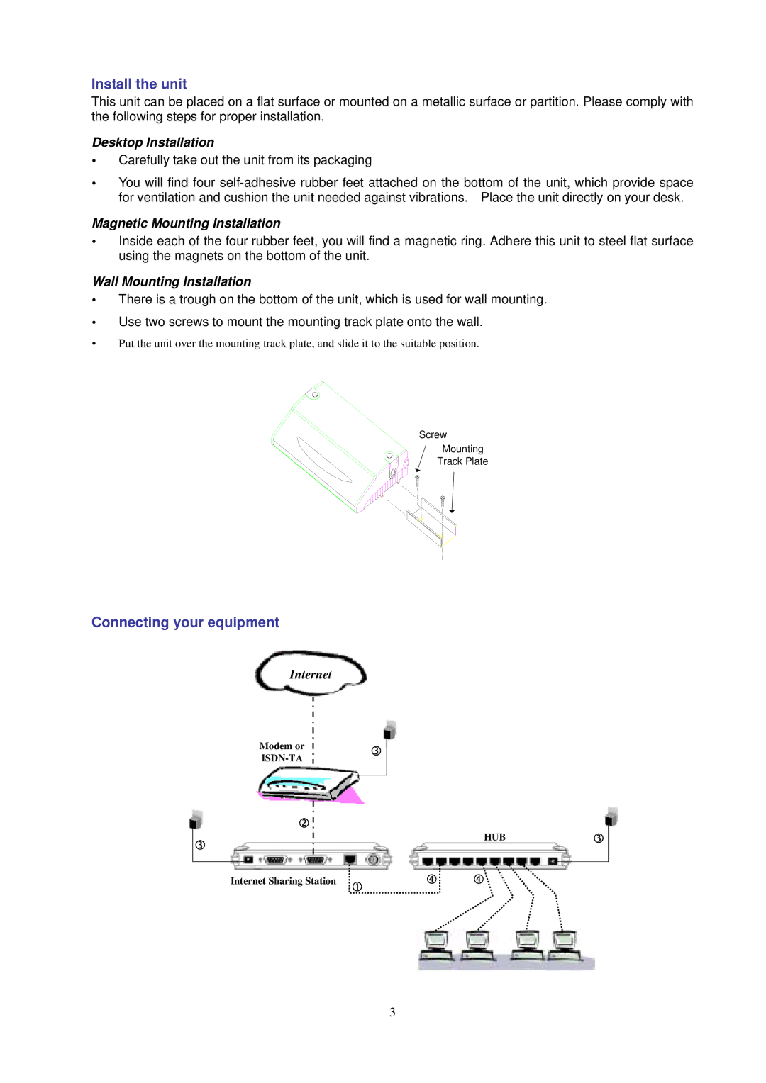 Intellinet Network Solutions I-ISS-020, 529930 user manual Install the unit, Connecting your equipment, Desktop Installation 