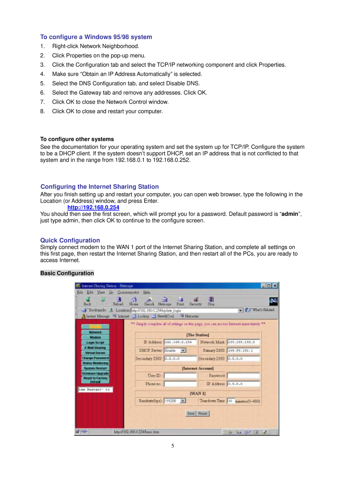 Intellinet Network Solutions I-ISS-020 To configure a Windows 95/98 system, Quick Configuration, Basic Configuration 