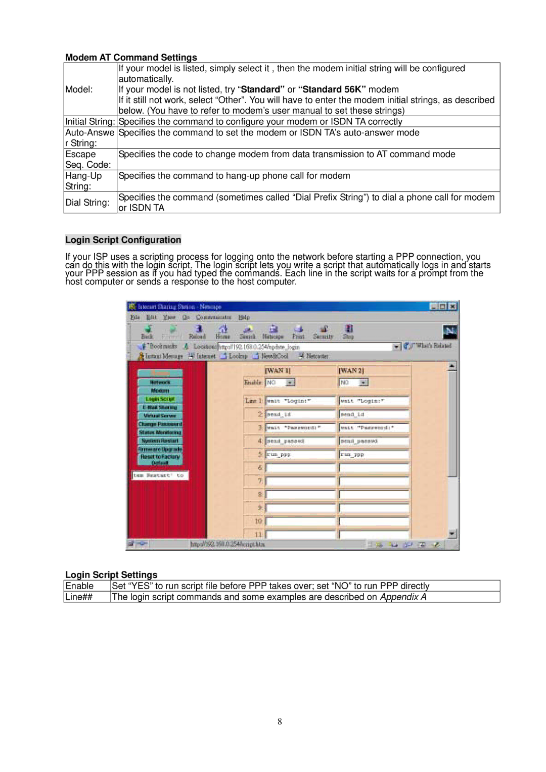 Intellinet Network Solutions 529930 Modem AT Command Settings, Login Script Configuration, Login Script Settings 